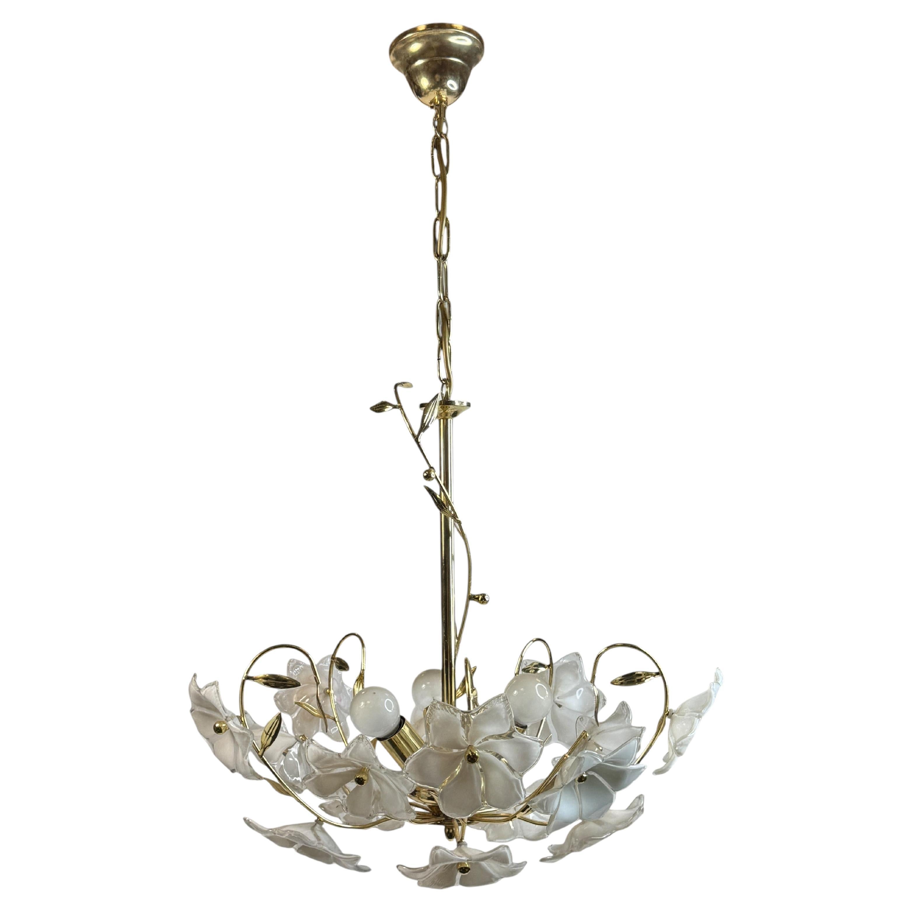 Lustre vintage Whiting Murano avec fleurs en verre blanc, 1970