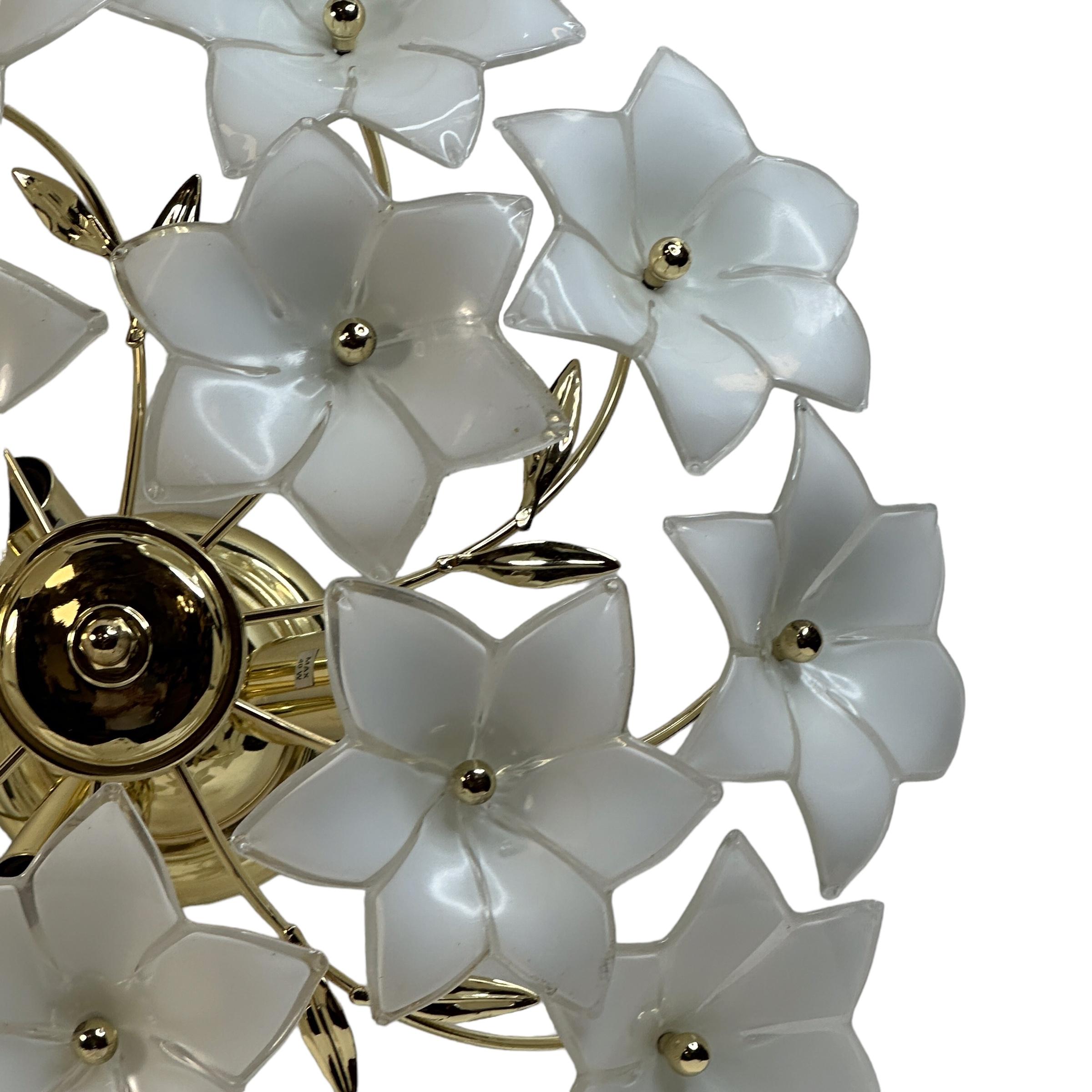 Delicious Murano Vintage Flush Mount Chandelier with White Glass Flowers, 1970s For Sale 2