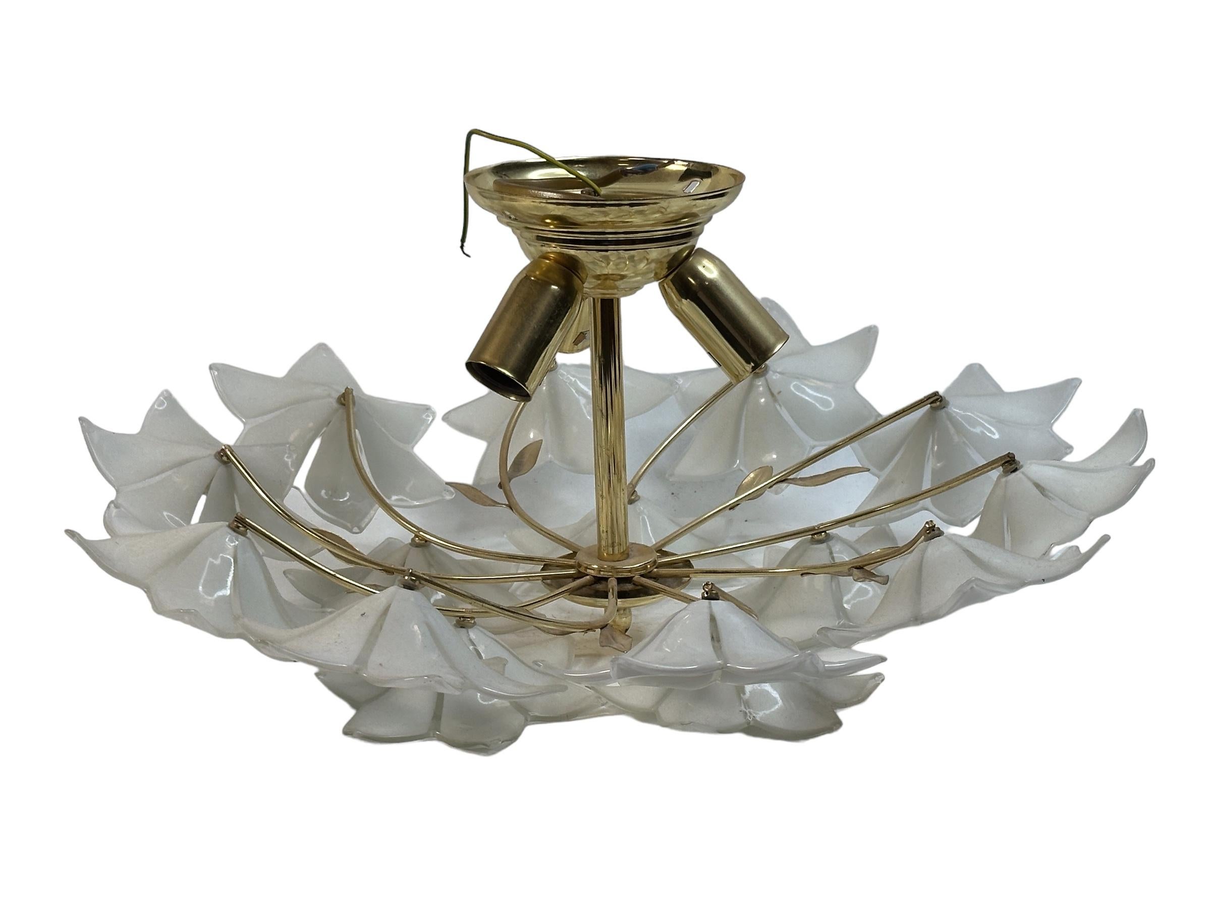 Delicious Murano Vintage Flush Mount Chandelier with White Glass Flowers, 1970s For Sale 3