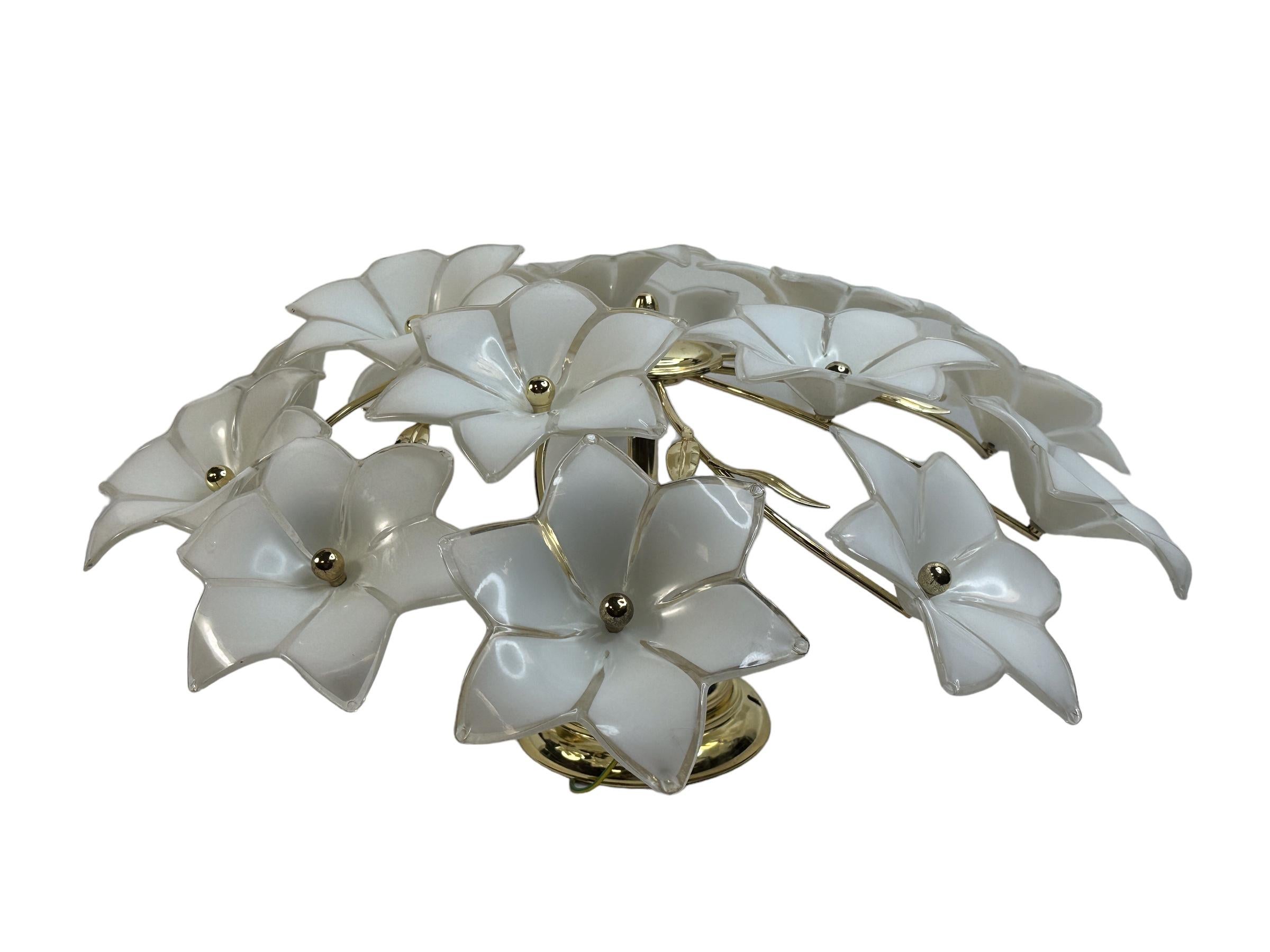 Mid-Century Modern Delicious Murano Vintage Flush Mount Chandelier with White Glass Flowers, 1970s For Sale