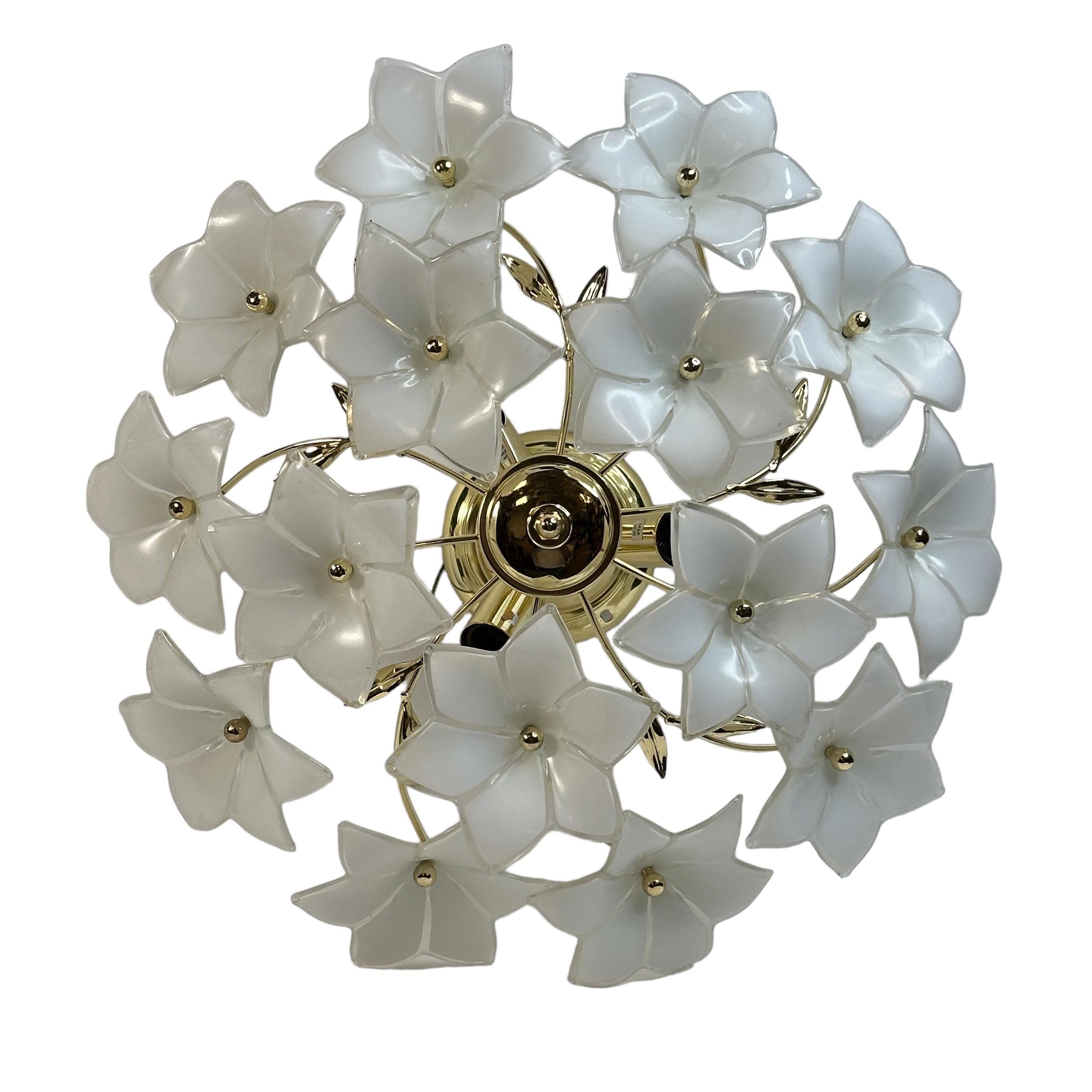 Italian Delicious Murano Vintage Flush Mount Chandelier with White Glass Flowers, 1970s For Sale