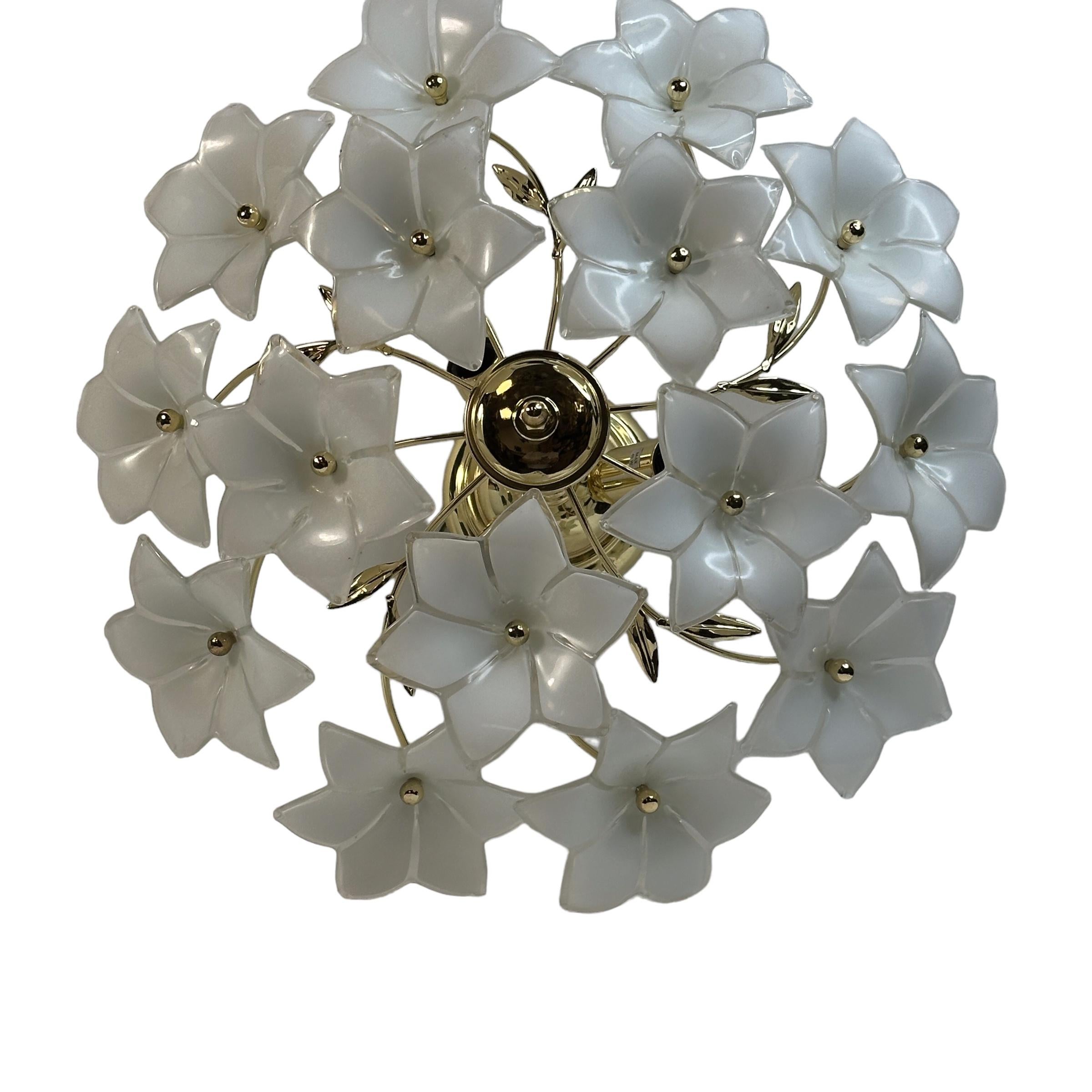 Hand-Crafted Delicious Murano Vintage Flush Mount Chandelier with White Glass Flowers, 1970s For Sale