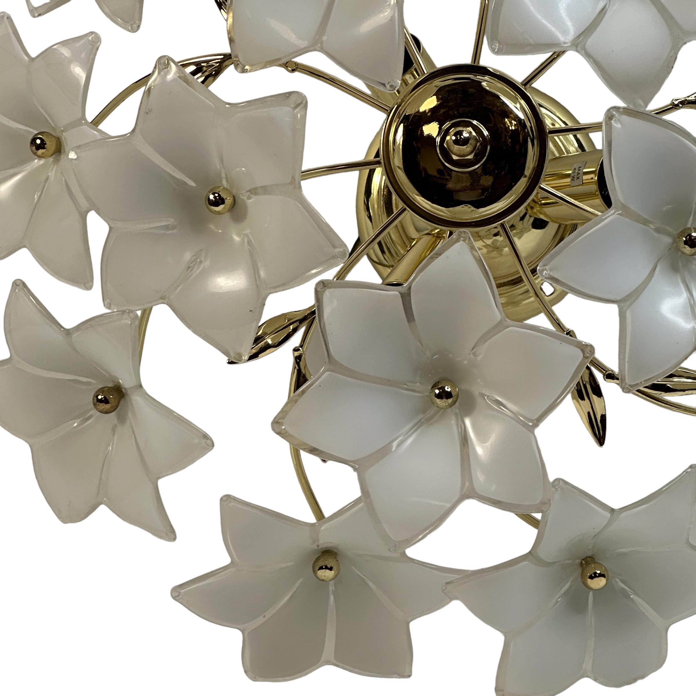 Late 20th Century Delicious Murano Vintage Flush Mount Chandelier with White Glass Flowers, 1970s For Sale
