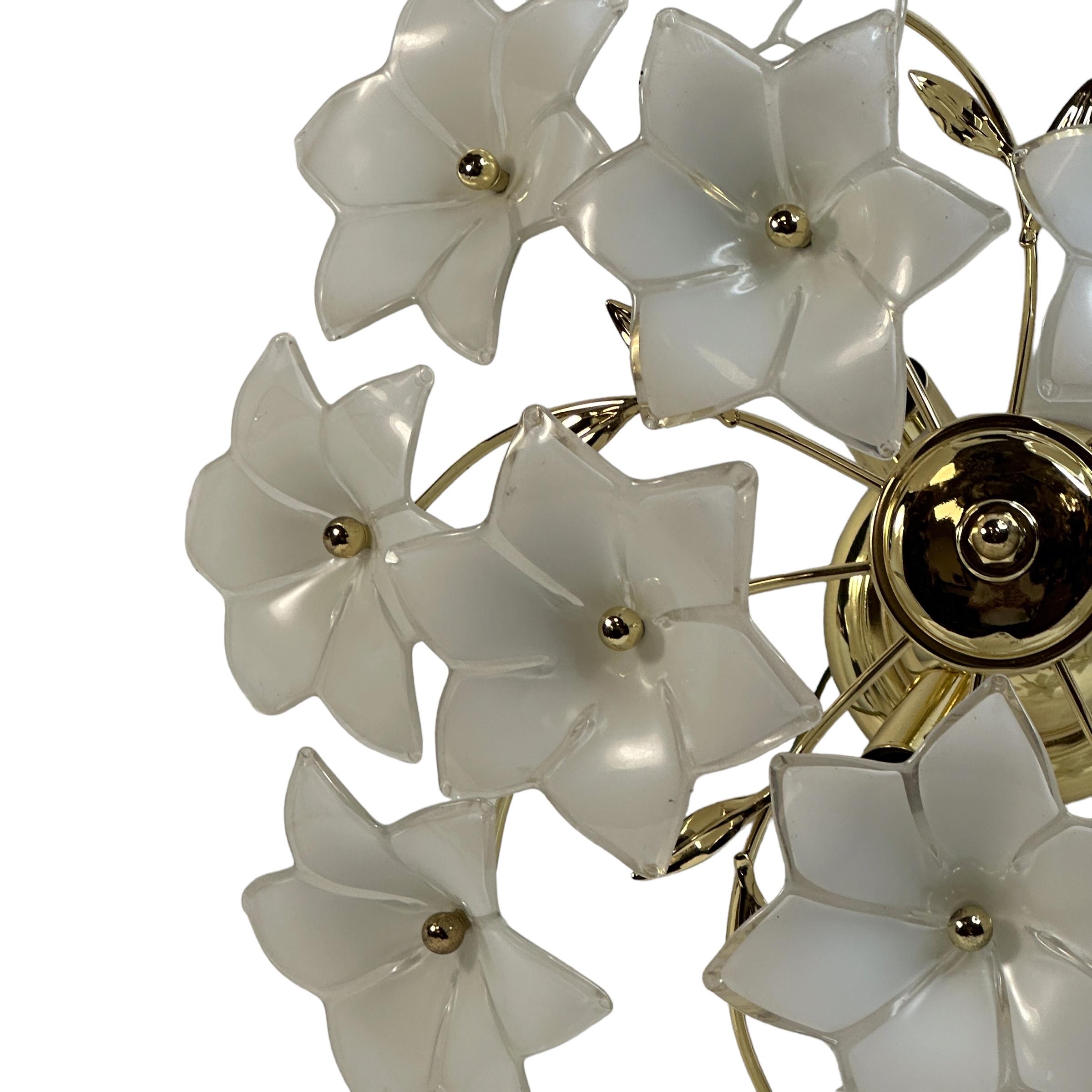Metal Delicious Murano Vintage Flush Mount Chandelier with White Glass Flowers, 1970s For Sale