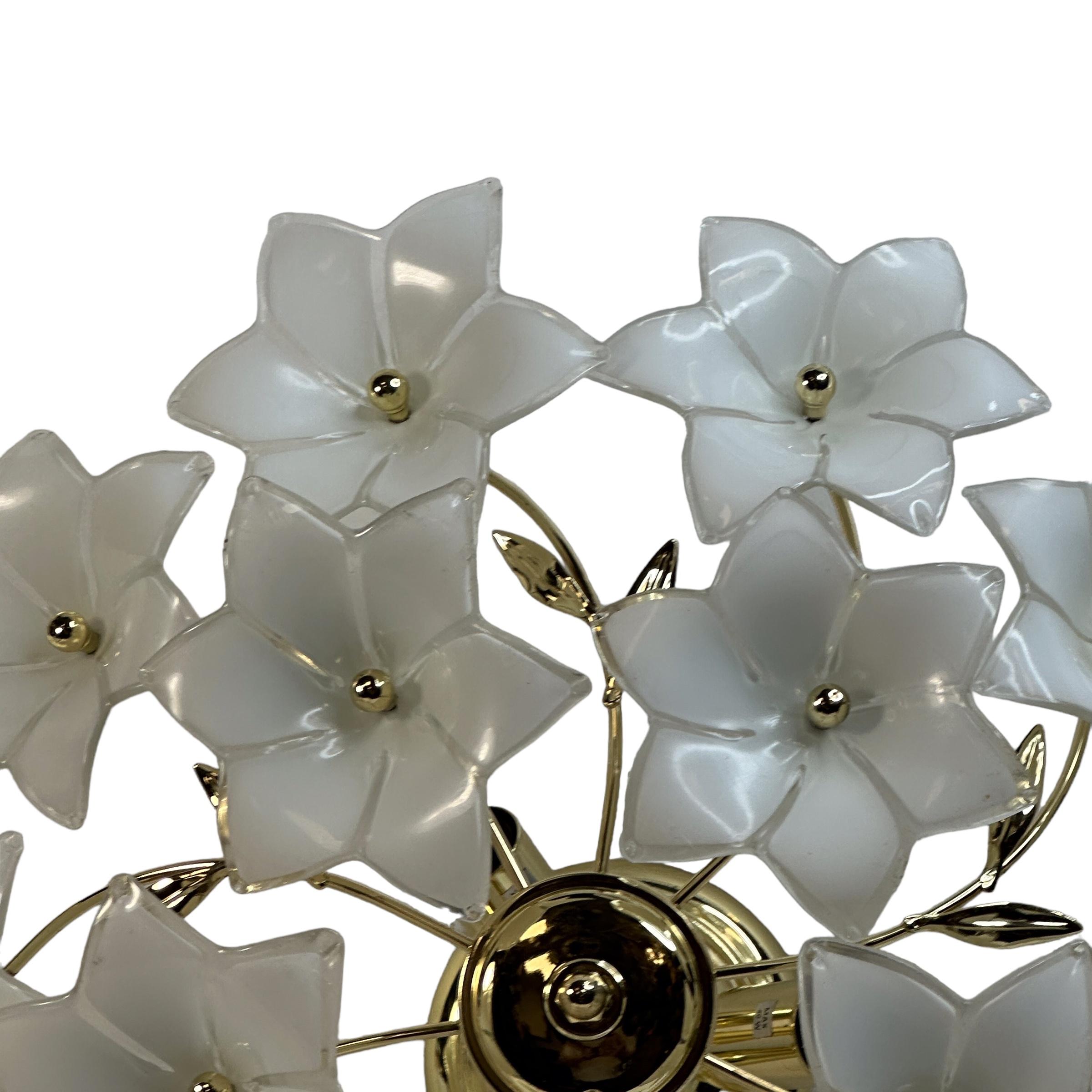 Delicious Murano Vintage Flush Mount Chandelier with White Glass Flowers, 1970s For Sale 1
