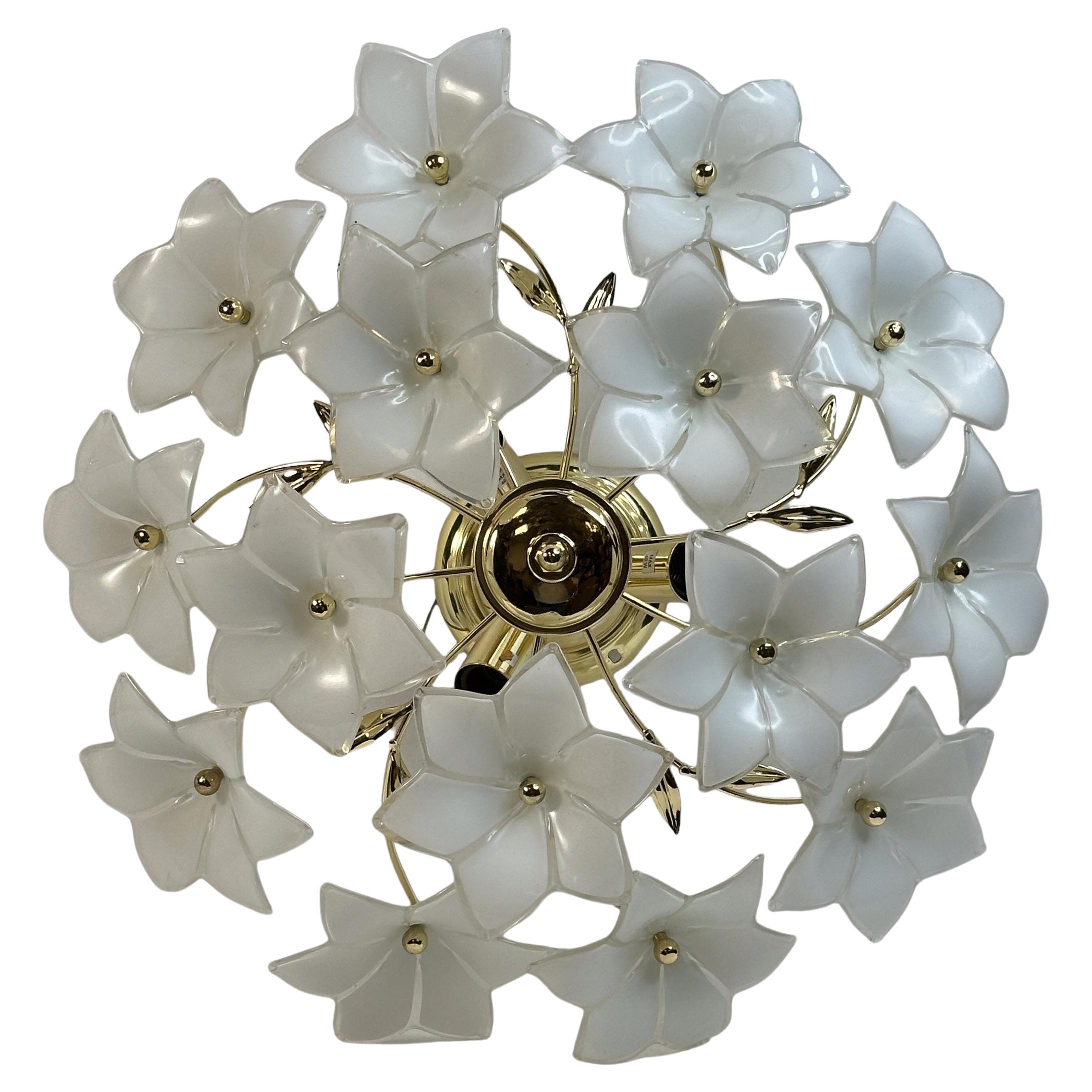 Delicious Murano Vintage Flush Mount Chandelier with White Glass Flowers, 1970s For Sale