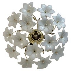 Delicious Murano Vintage Flush Mount Chandelier with White Glass Flowers, 1970s