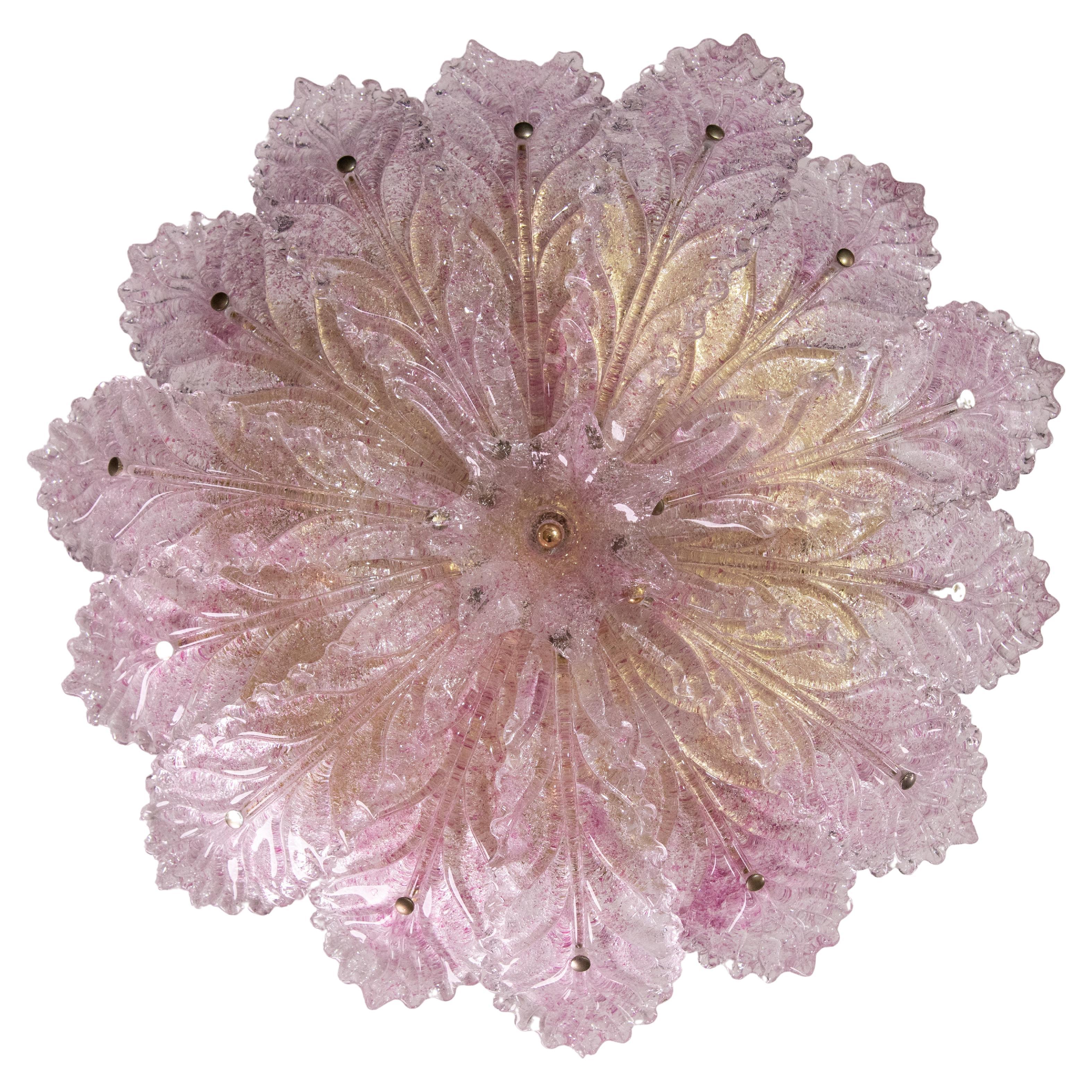 Plafonnier ou lustre à feuilles délicates en verre de Murano rose, années 1970