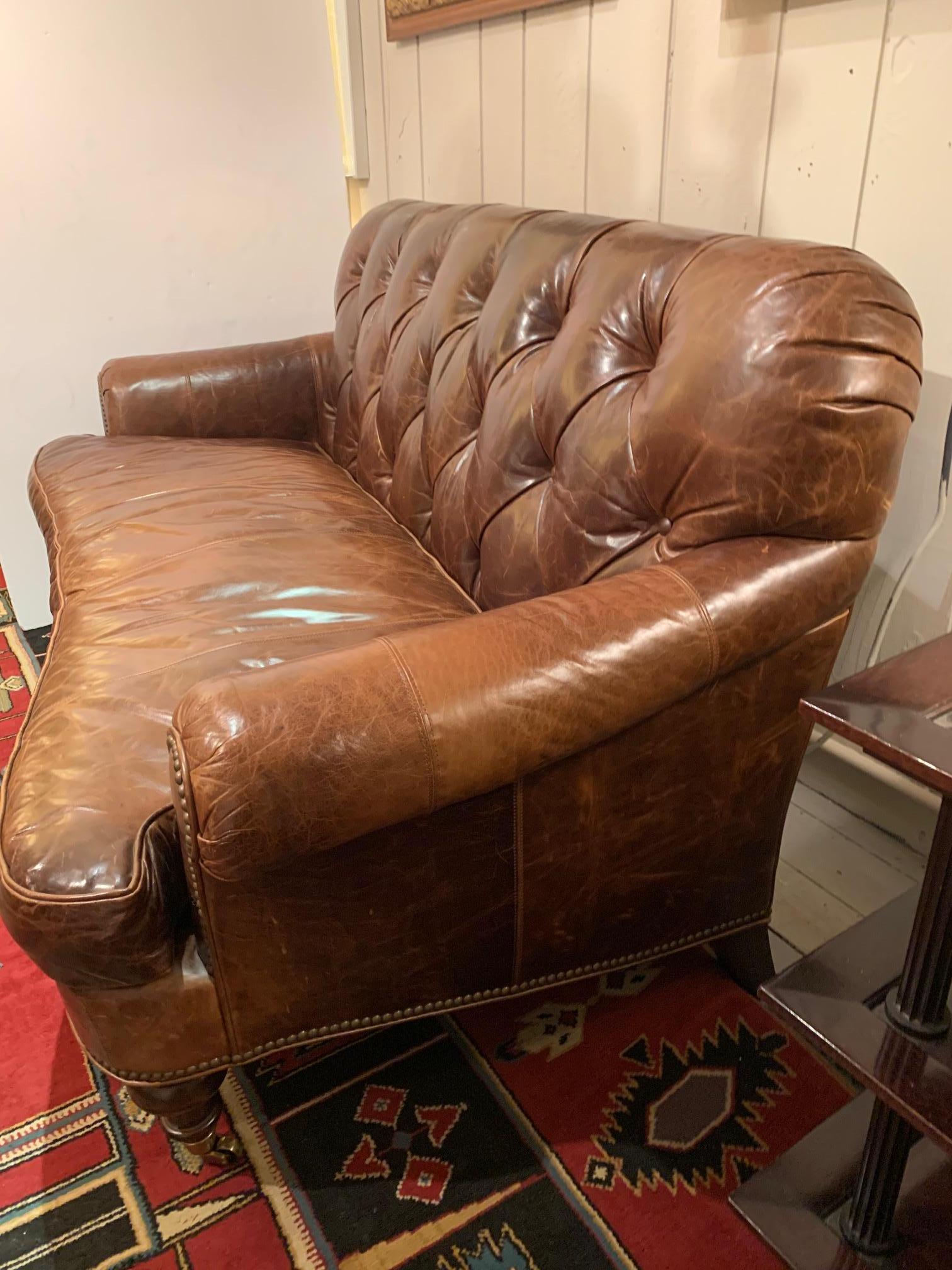 Chesterfield Delicious Supple Tufted Brown Leather Settee Loveseat