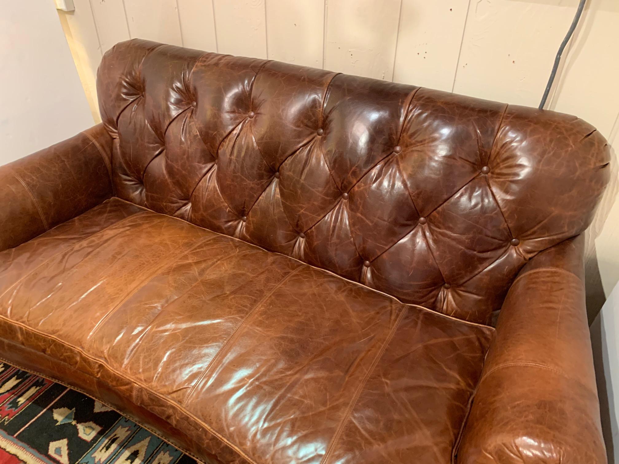 American Delicious Supple Tufted Brown Leather Settee Loveseat