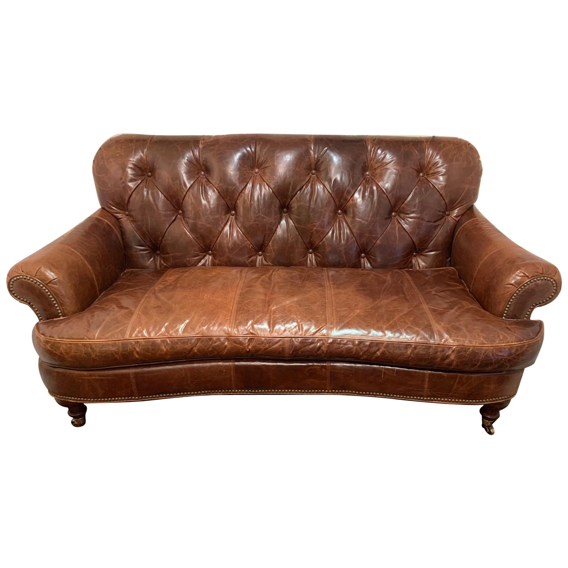Delicious Supple Tufted Brown Leather Settee Loveseat