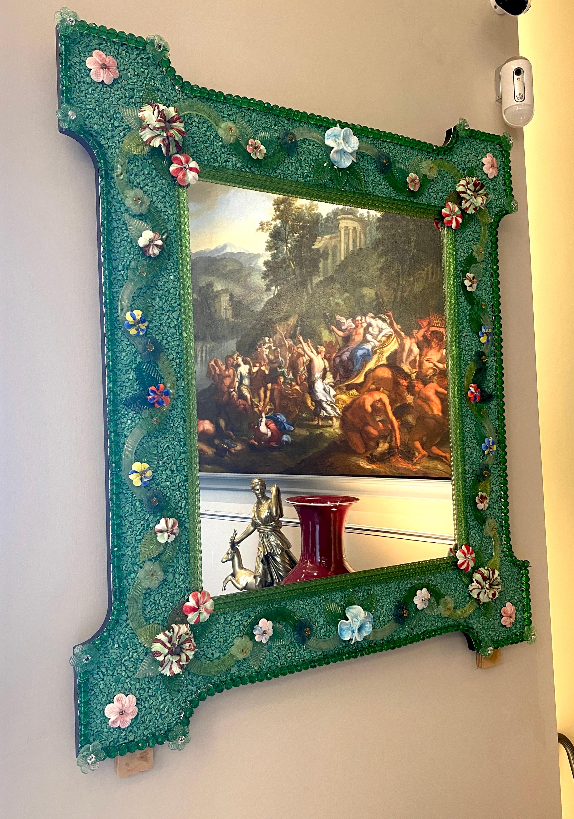 Blown Glass Delicious Venetian Murano Glass Mirror with Multicolor Flowers For Sale
