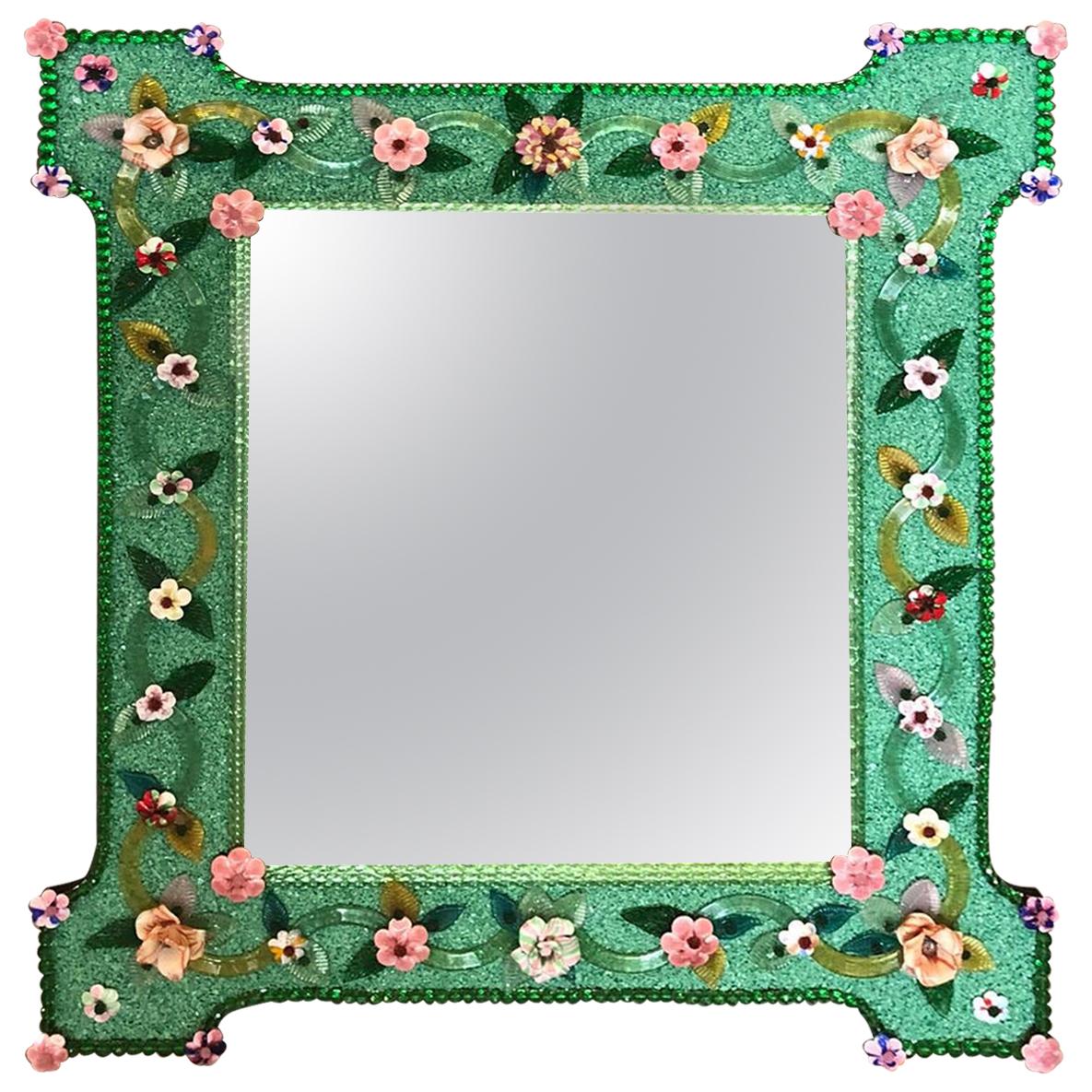 Delicious Venetian Murano Glass Mirror with Multicolor Flowers For Sale