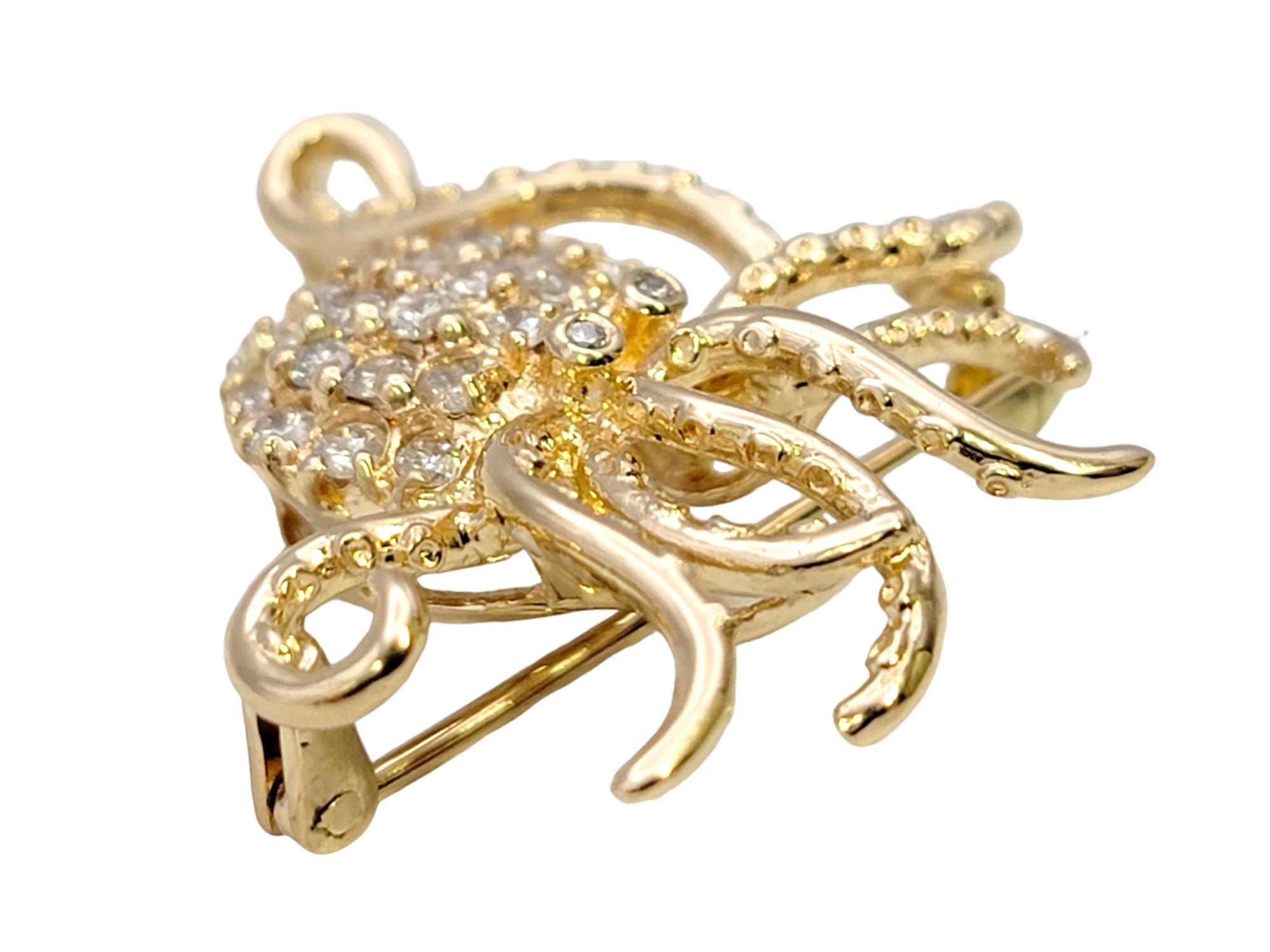 Round Cut Delightful 14 Karat Polished Yellow Gold Octopus Brooch / Pendant with Diamonds