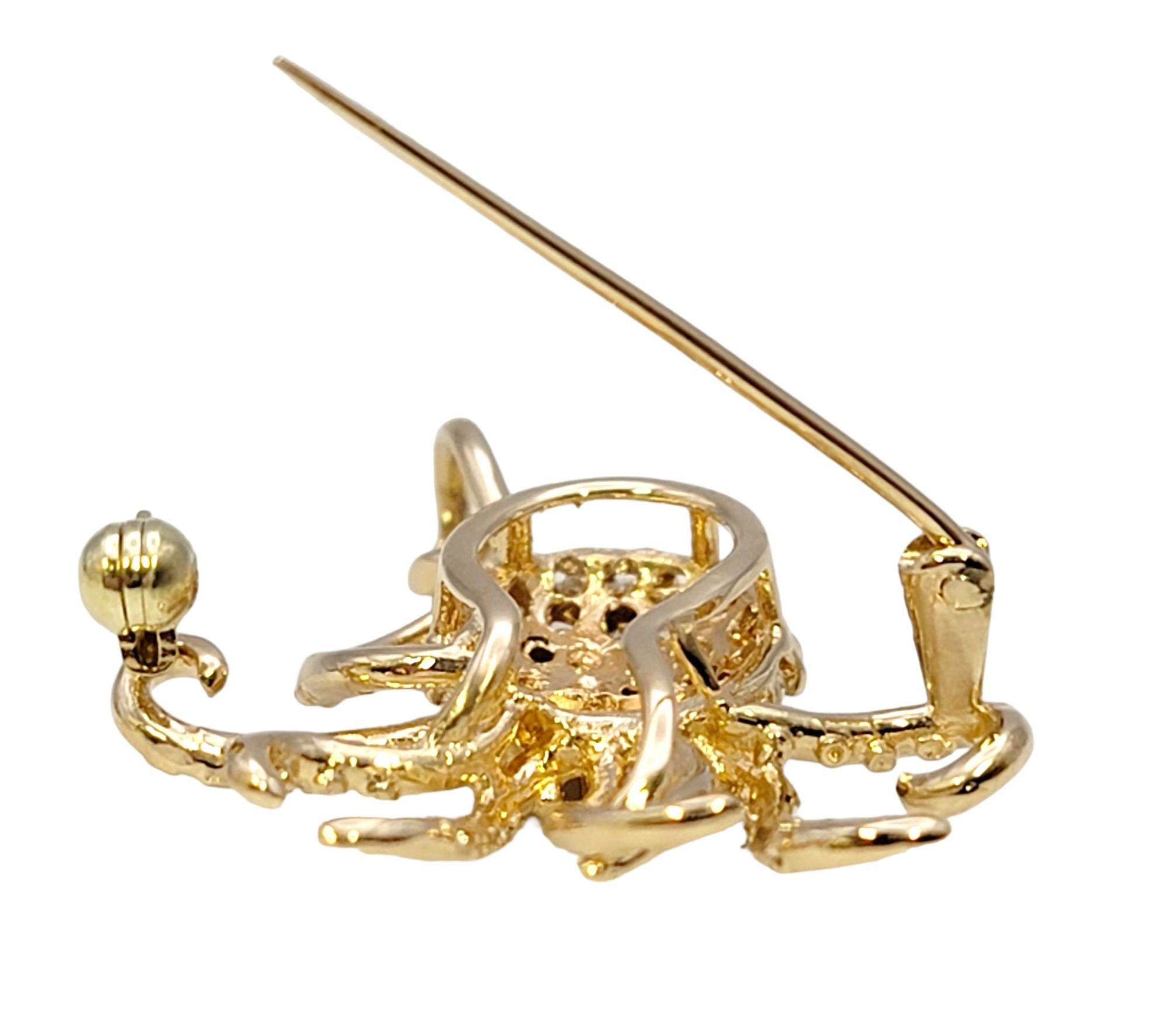 Delightful 14 Karat Polished Yellow Gold Octopus Brooch / Pendant with Diamonds In Good Condition In Scottsdale, AZ