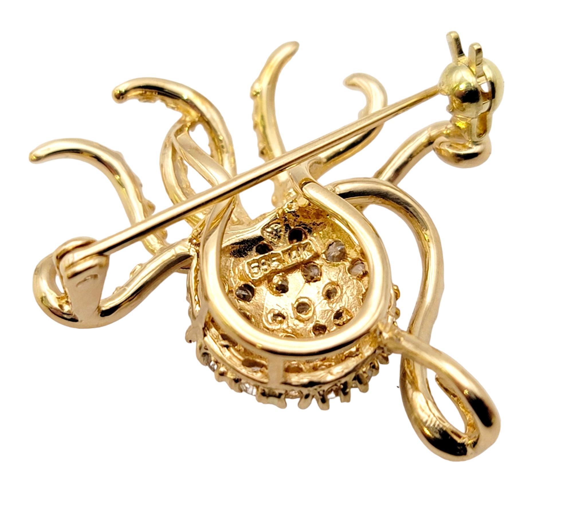 Women's Delightful 14 Karat Polished Yellow Gold Octopus Brooch / Pendant with Diamonds