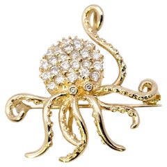 Delightful 14 Karat Polished Yellow Gold Octopus Brooch / Pendant with Diamonds