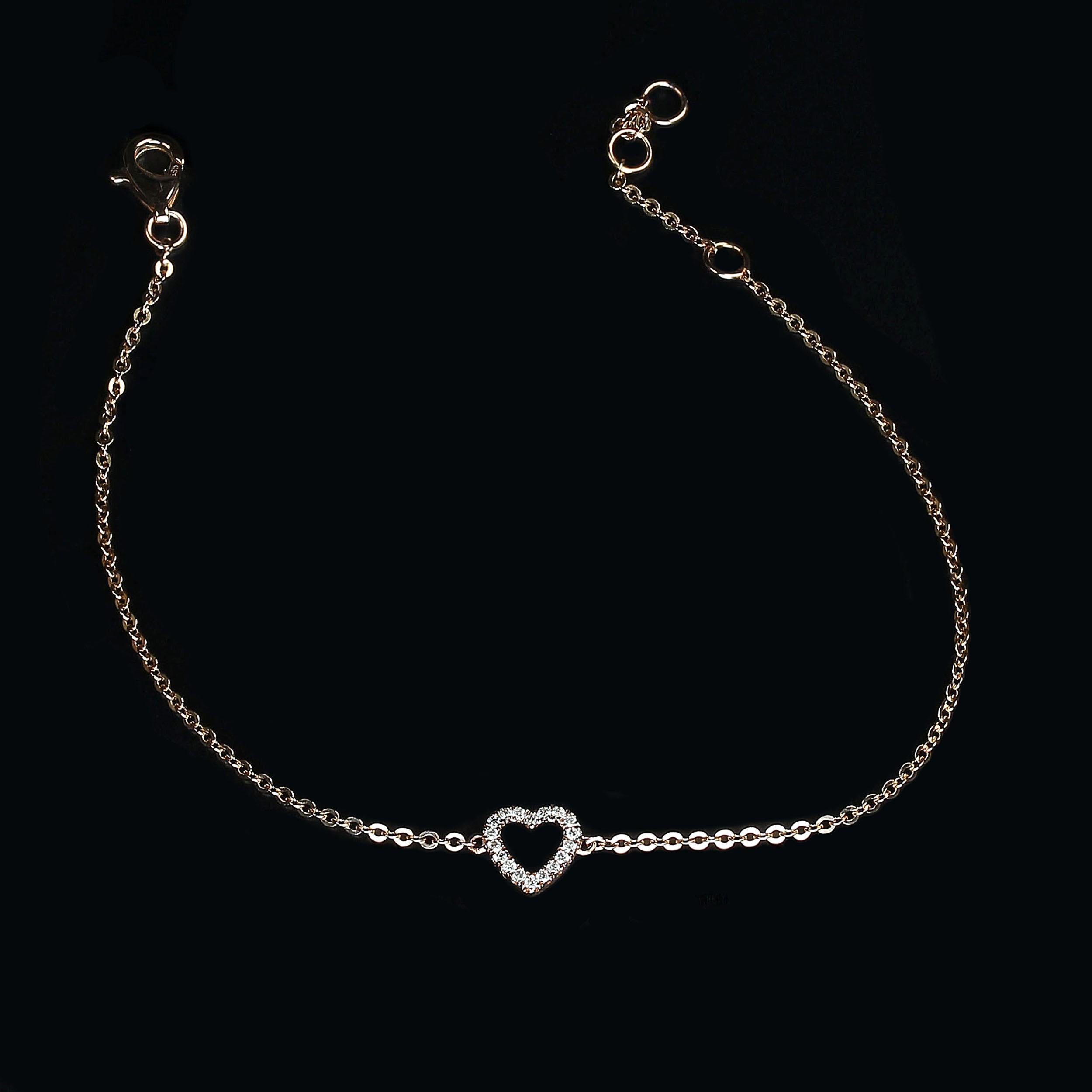 Women's or Men's 14K Rose Gold Diamond Heart on Chain Bracelet or Ankle Bracelet