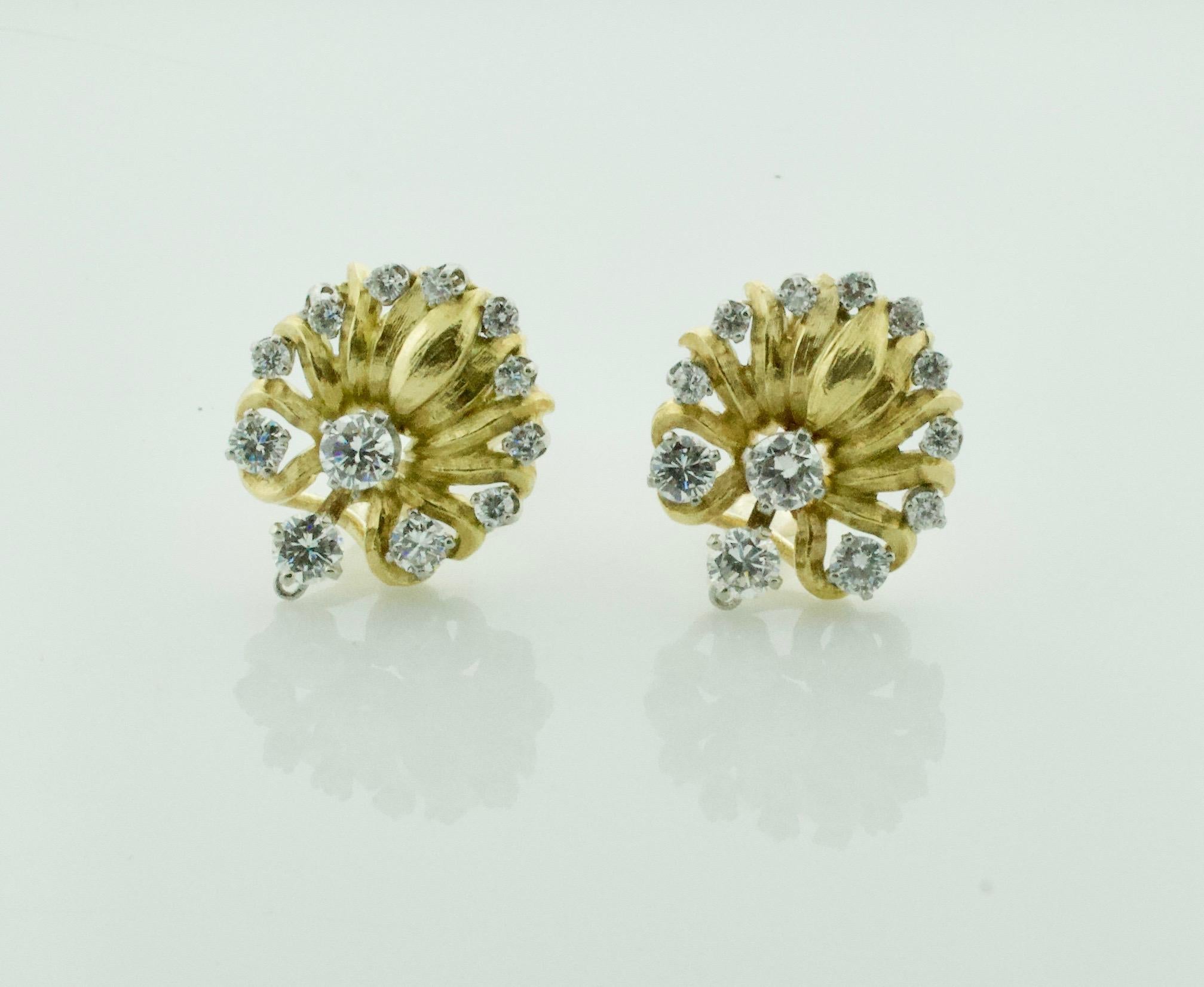 Retro Delightful 18k Yellow and White Gold Earrings, Circa 1950's For Sale