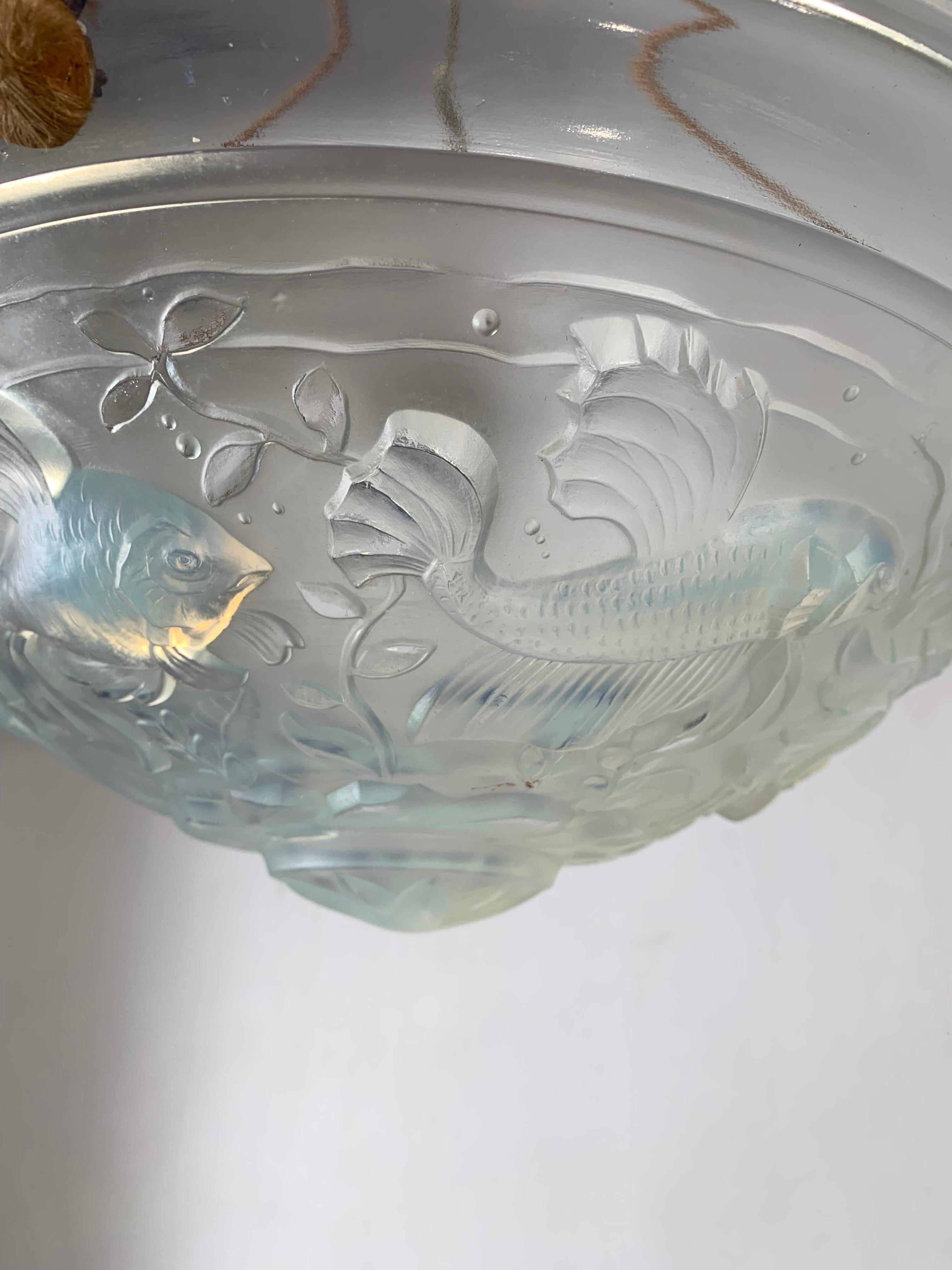 Delightful Art Deco Pendant Light with René Lalique Style Glass Fish Sculptures 1