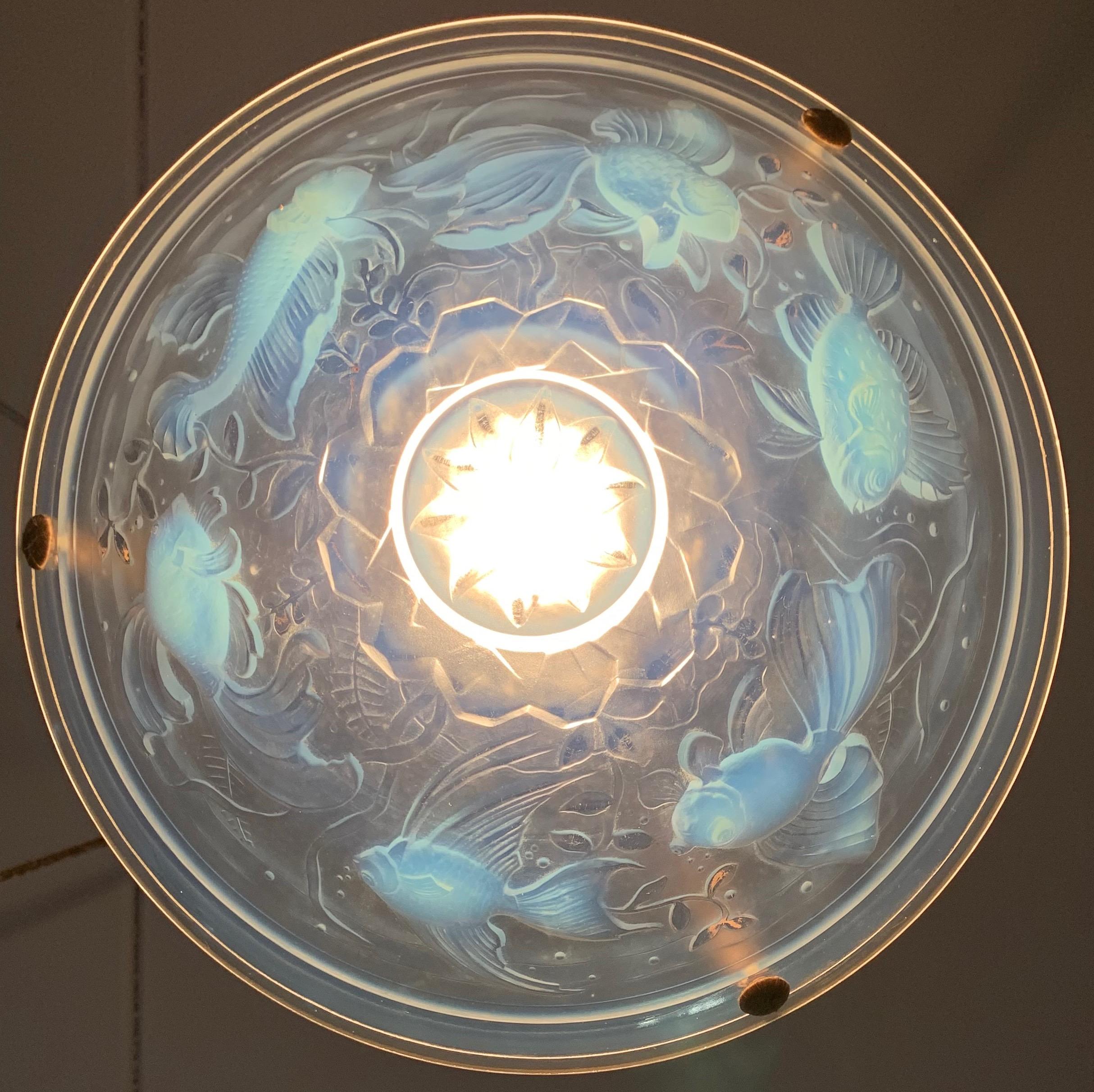 Delightful Art Deco Pendant Light with René Lalique Style Glass Fish Sculptures 3