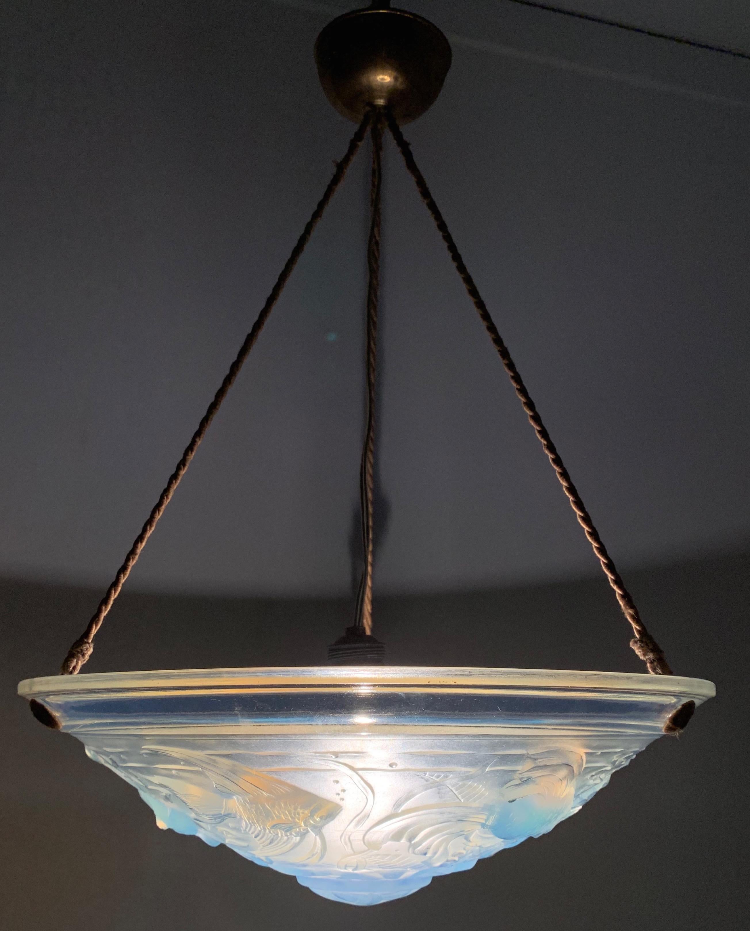 Delightful Art Deco Pendant Light with René Lalique Style Glass Fish Sculptures 10