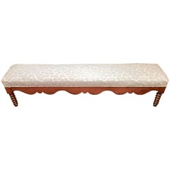 Delightful 6 Foot Long Antique Scalloped Wood Bench with Animal Print Upholstery