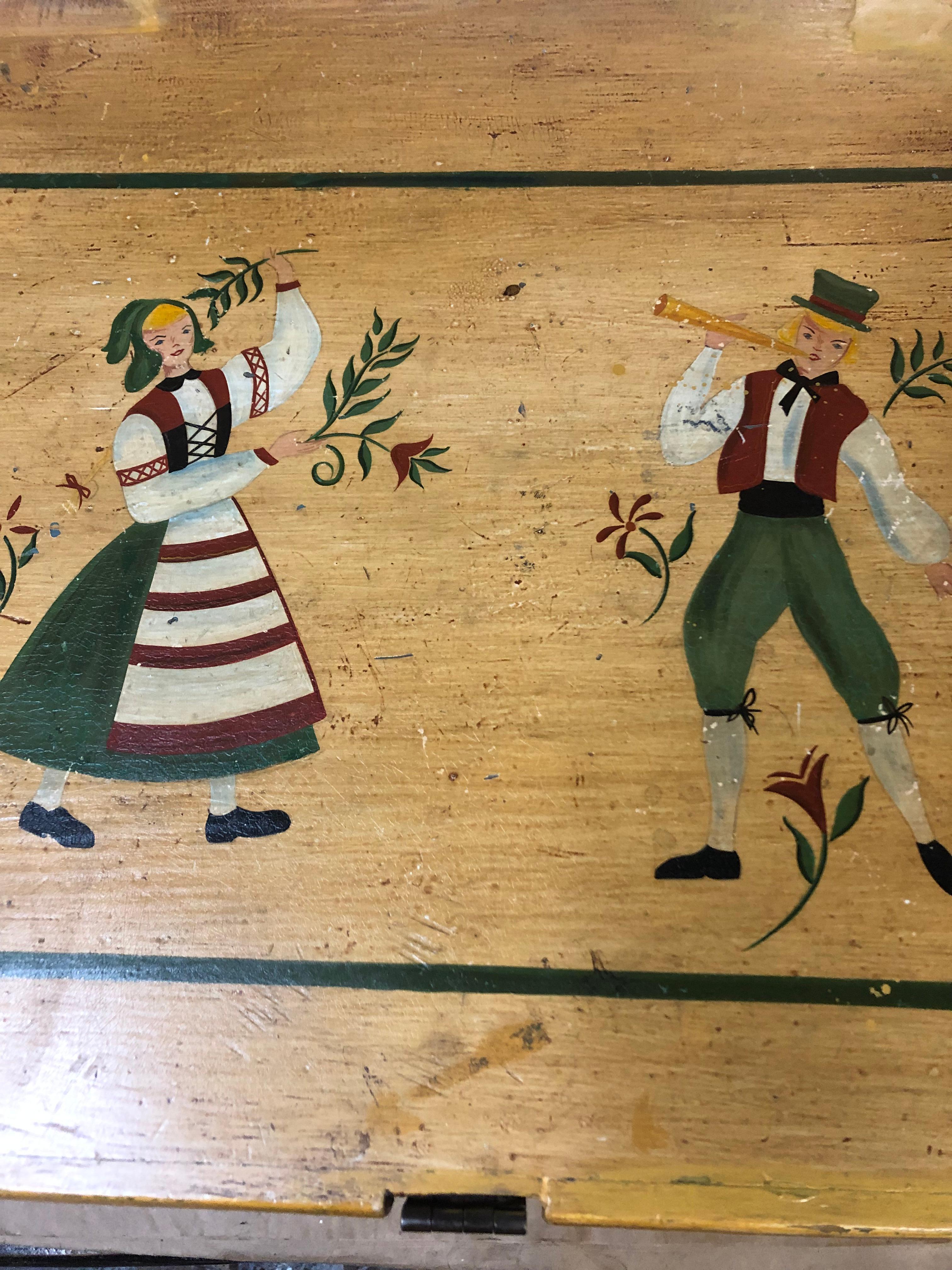 Delightful Antique Painted Hope Chest with Handpainted Dutch Figures For Sale 2