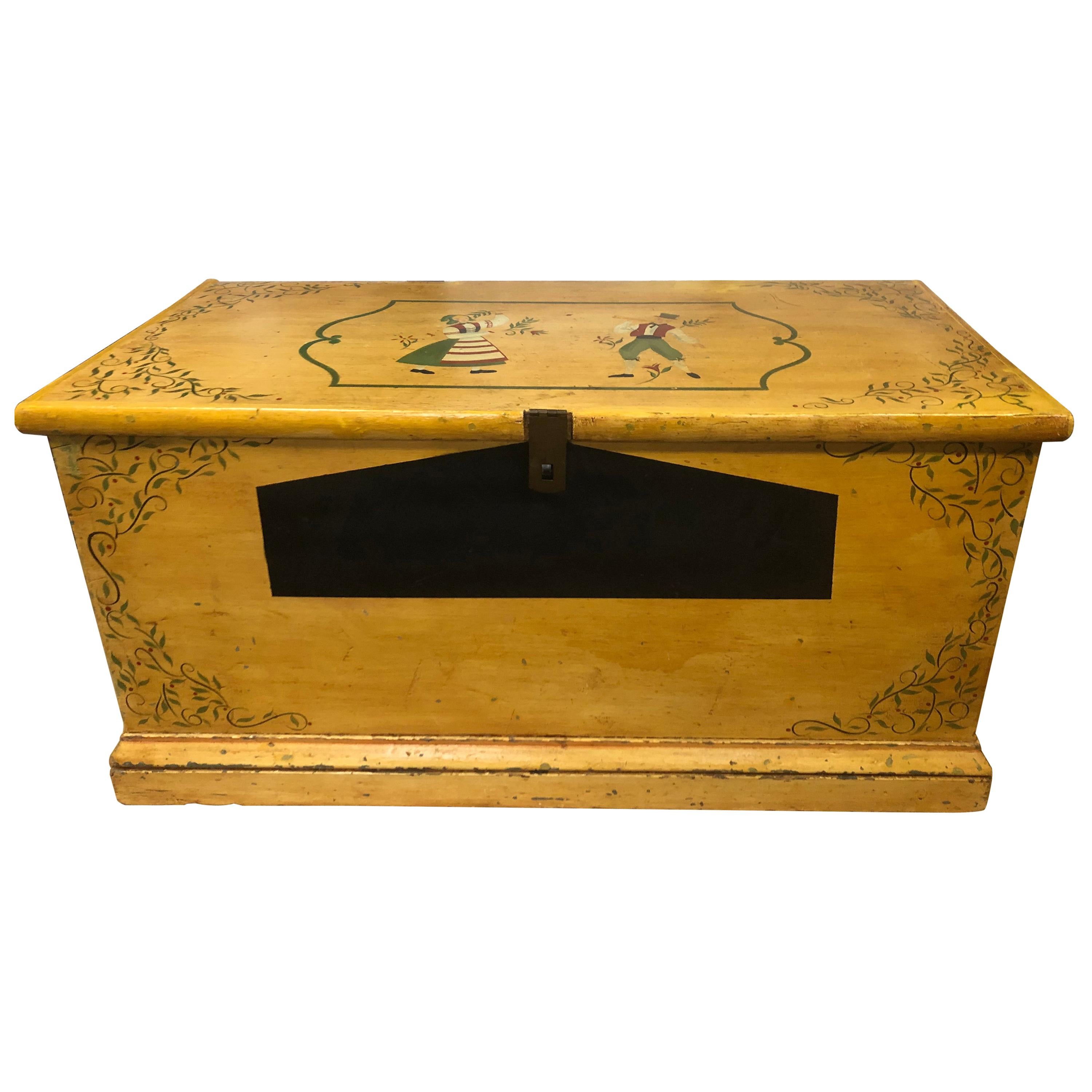 Delightful Antique Painted Hope Chest with Handpainted Dutch Figures For Sale