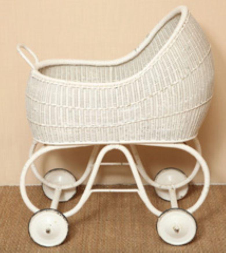 Charming and beautiful full size antique Victorian braided white wicker baby stroller pram from England. Circa 1880-1900.