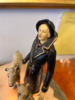 Delightful Art Deco Antique Illuminated Sculpture of Lady Walking Dogs