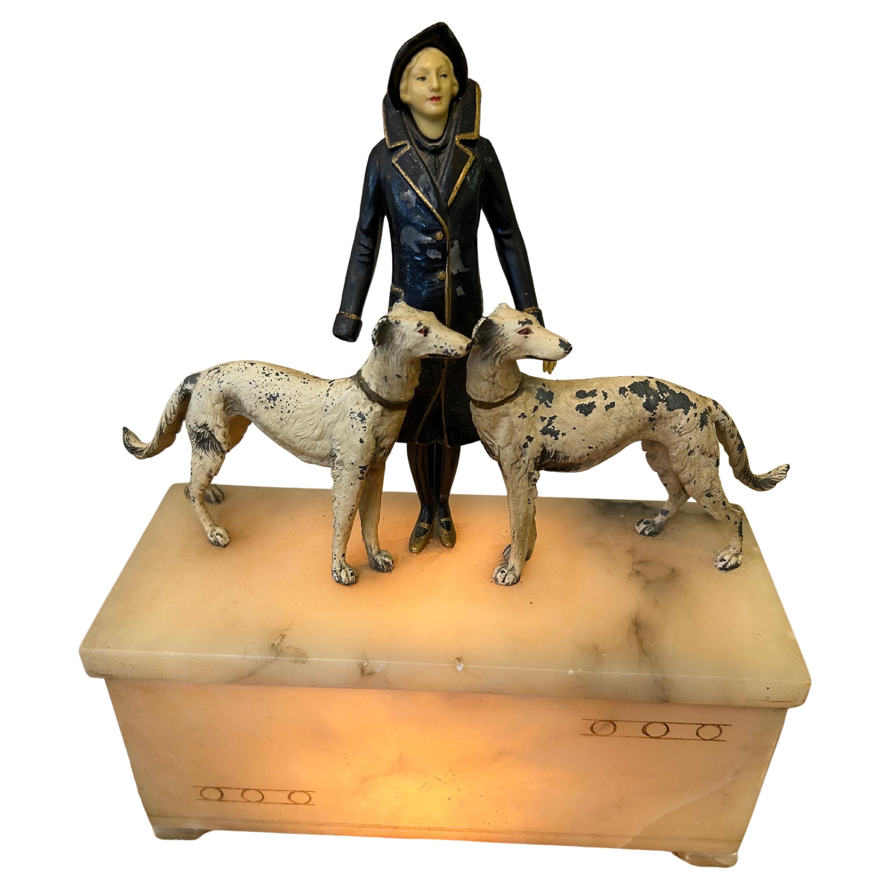 Delightful Art Deco Antique Illuminated Sculpture of Lady Walking Dogs For Sale