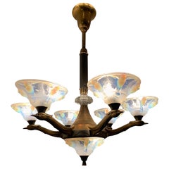 Delightful Art Deco Brass Chandelier, René Lalique Style Glass Bird Sculptures