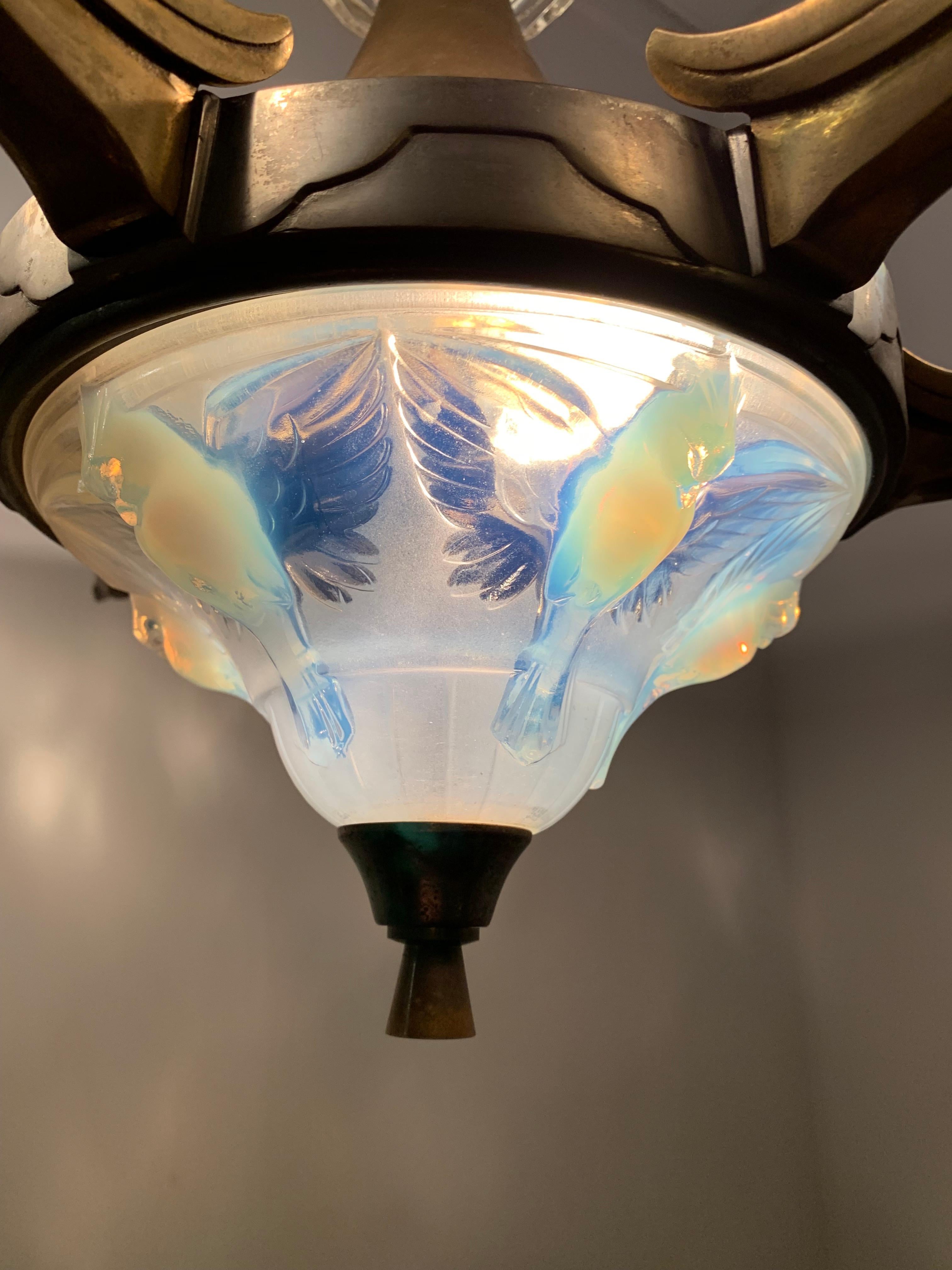 Delightful Art Deco Brass Chandelier, René Lalique Style Glass Bird Sculptures 3