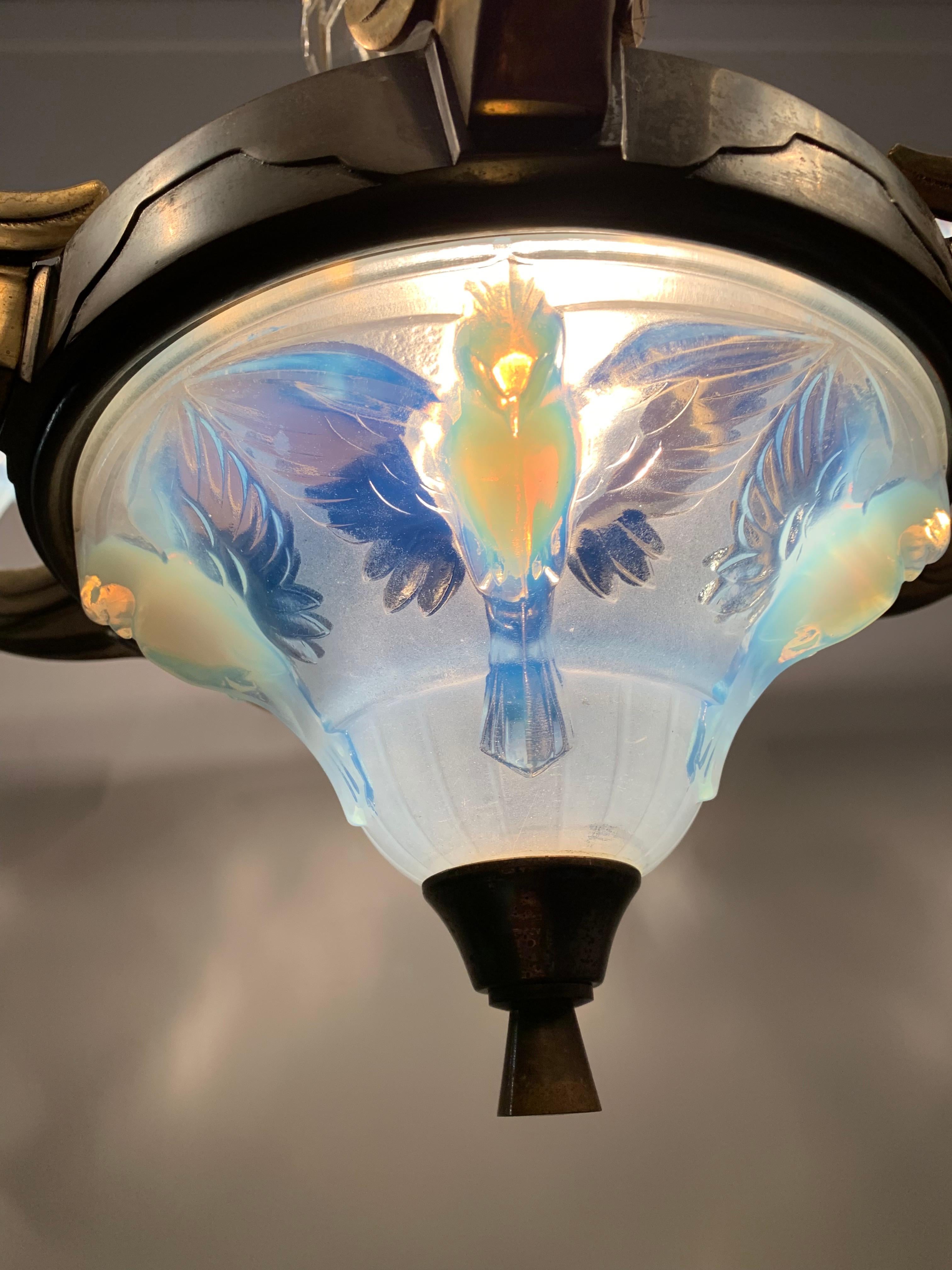 Delightful Art Deco Brass Chandelier, René Lalique Style Glass Bird Sculptures 5