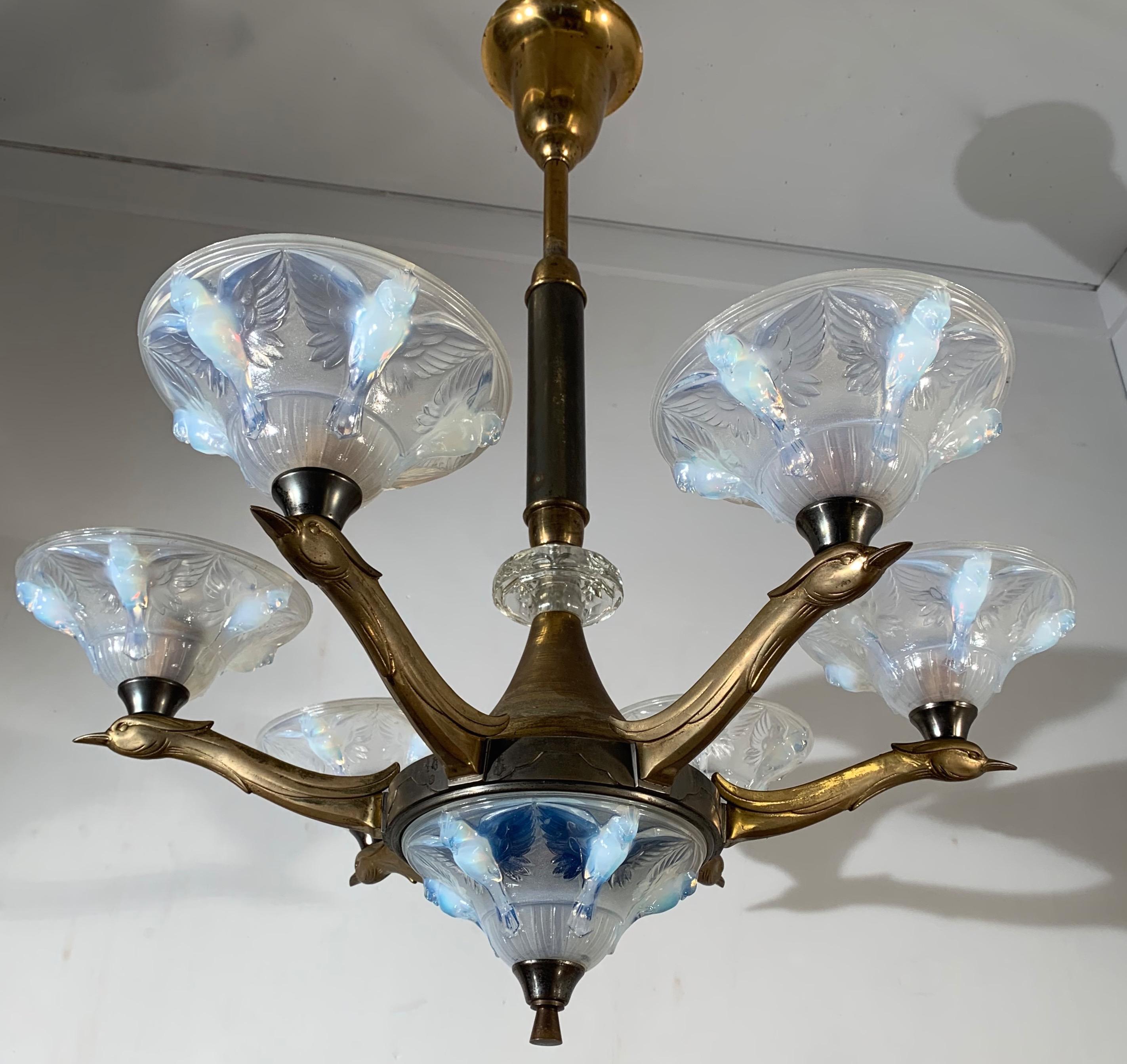 Delightful Art Deco Brass Chandelier, René Lalique Style Glass Bird Sculptures 6