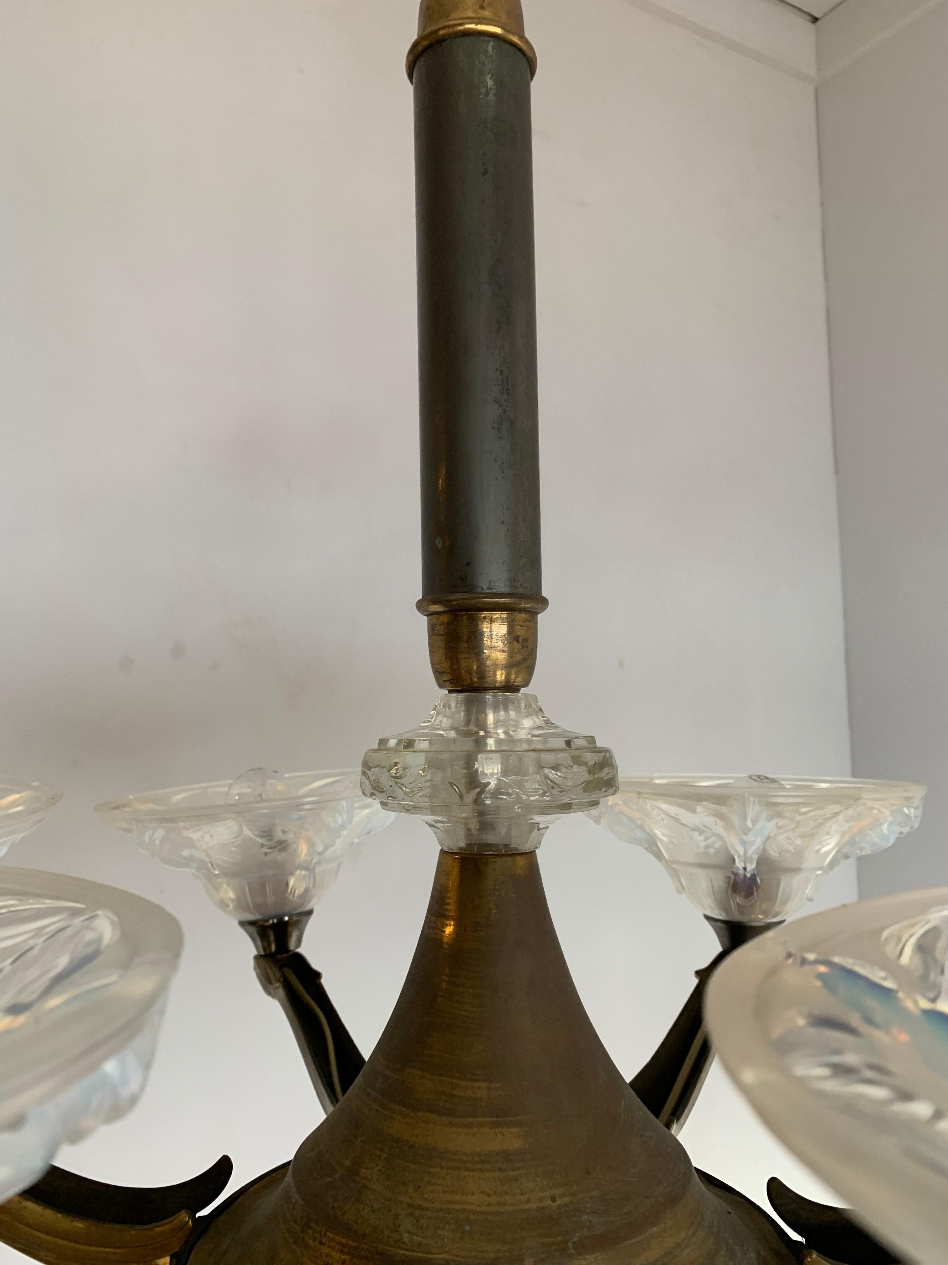 Delightful Art Deco Brass Chandelier, René Lalique Style Glass Bird Sculptures 9