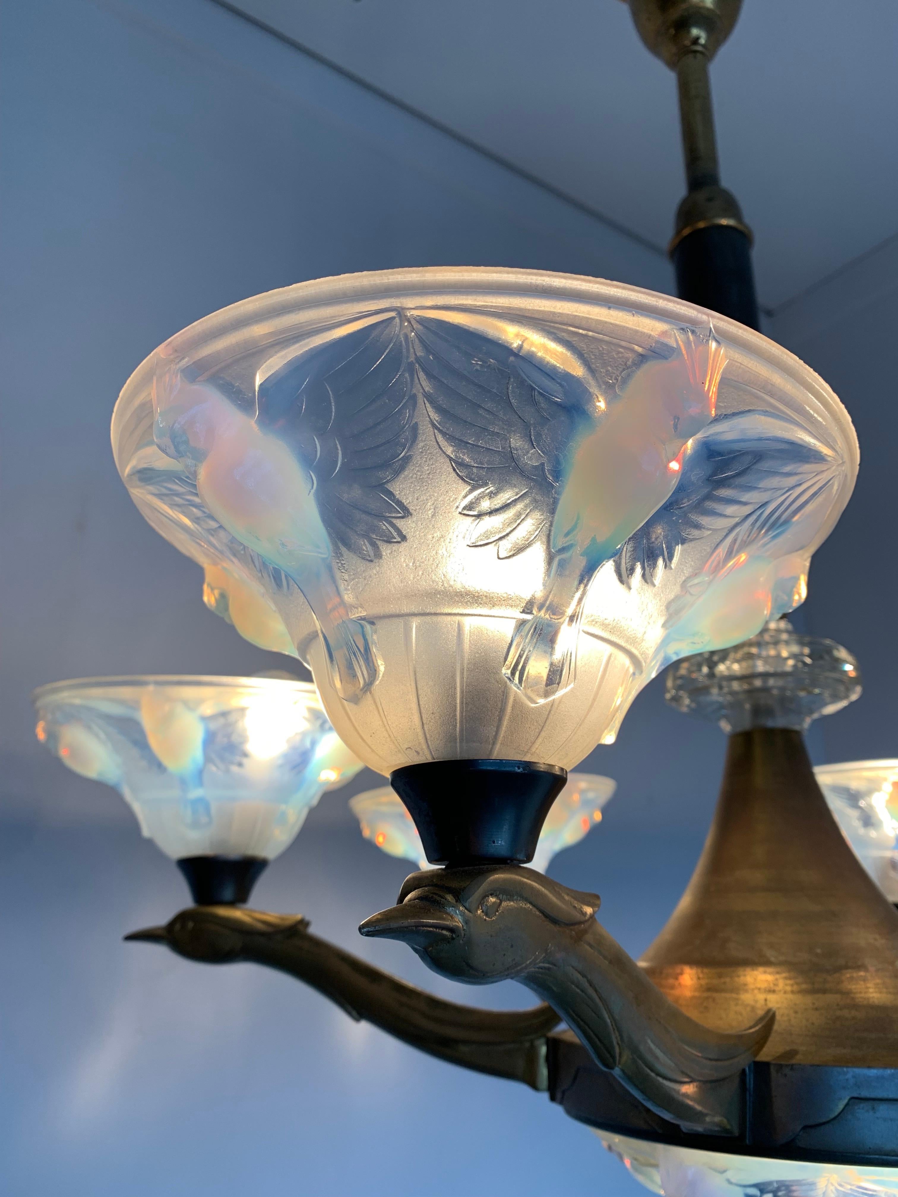 Delightful Art Deco Brass Chandelier, René Lalique Style Glass Bird Sculptures 10