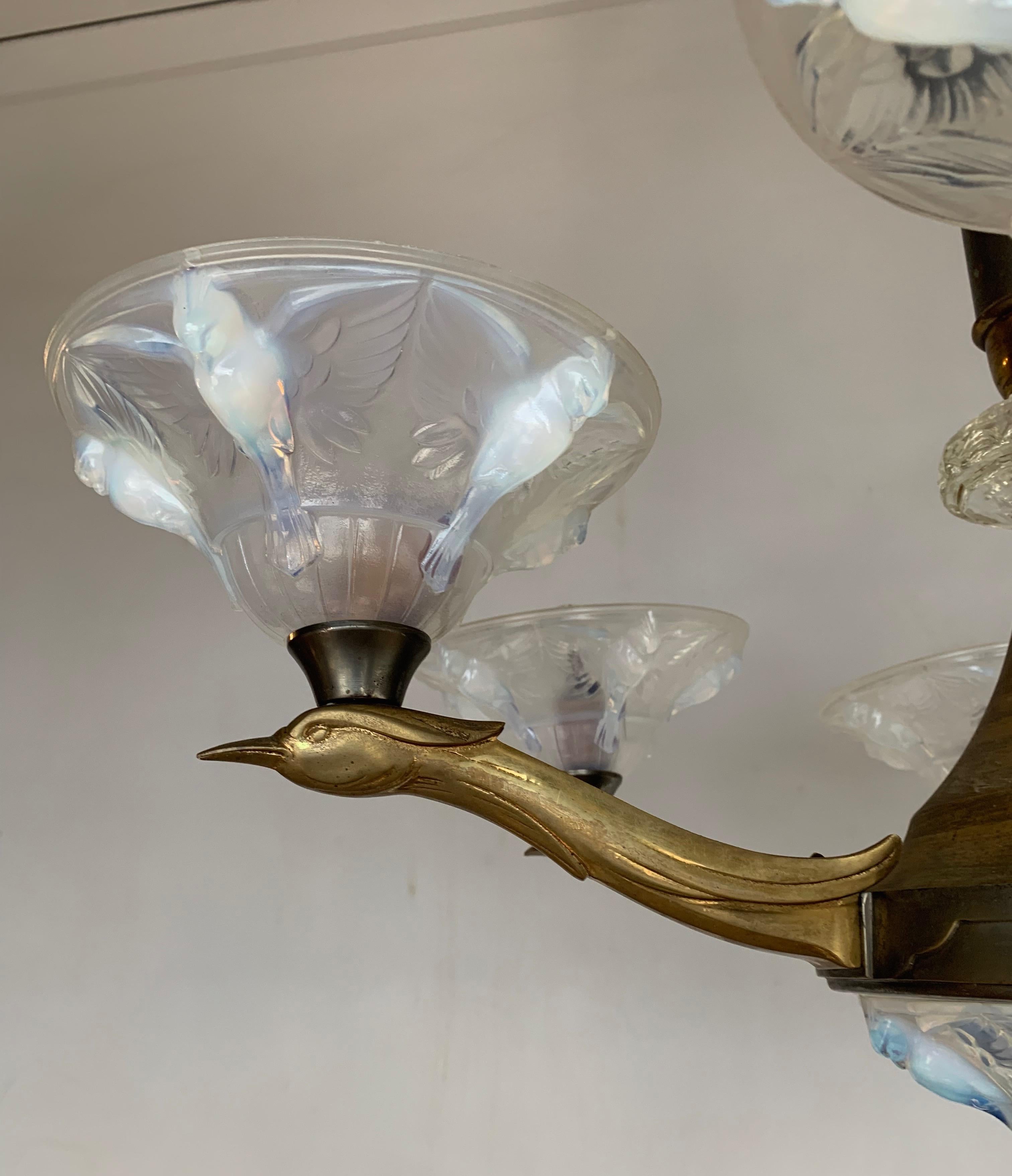 Delightful Art Deco Brass Chandelier, René Lalique Style Glass Bird Sculptures 11