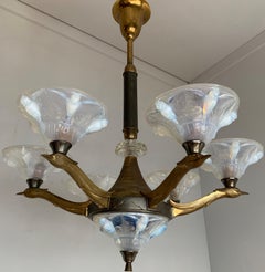 Delightful Art Deco Brass Chandelier, René Lalique Style Glass Bird Sculptures