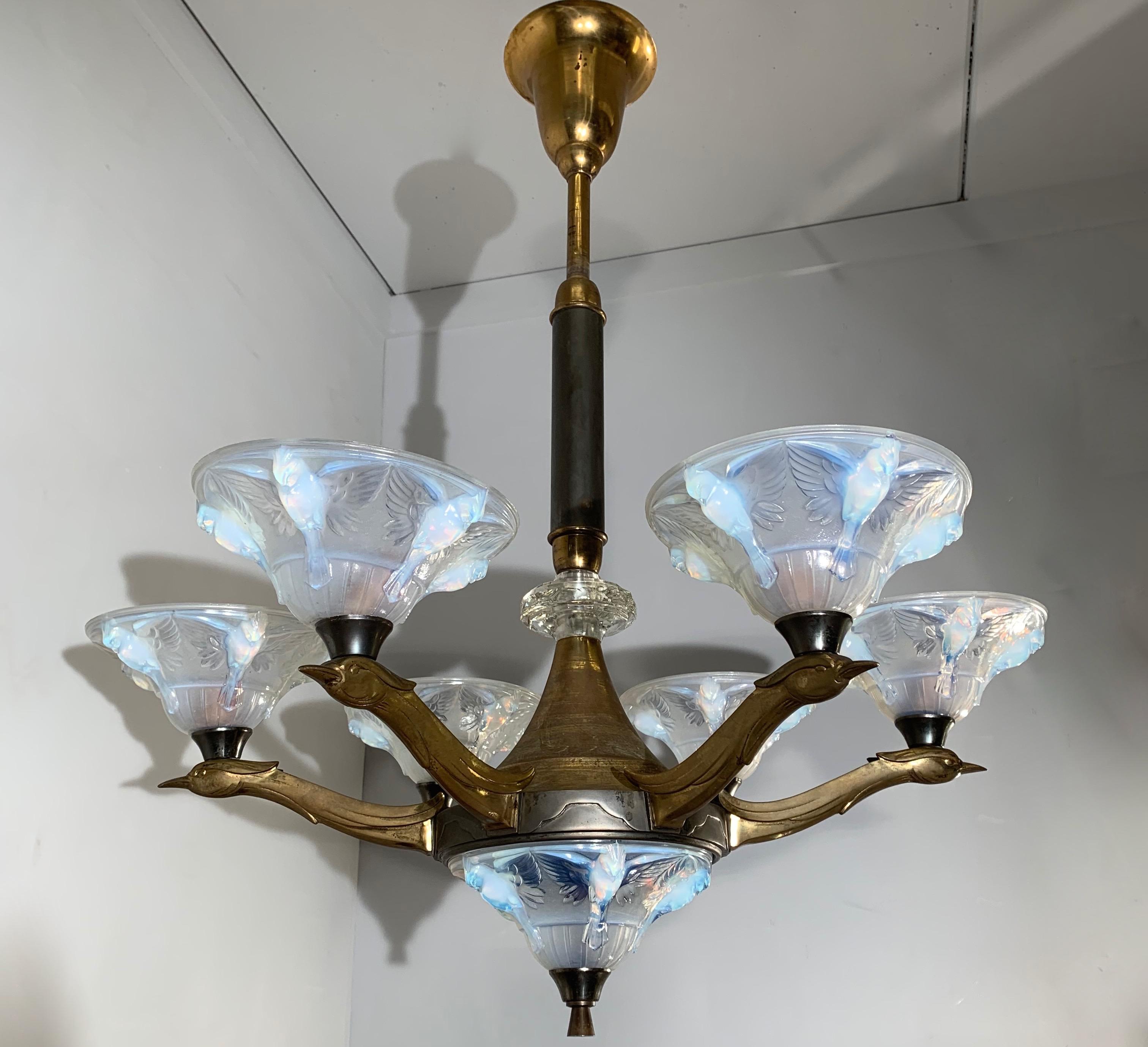 Delightful Art Deco Brass Chandelier, René Lalique Style Glass Bird Sculptures 12