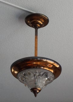Delightful Art Deco Brass Pendant w. René Lalique Style Glass Bird Sculptures