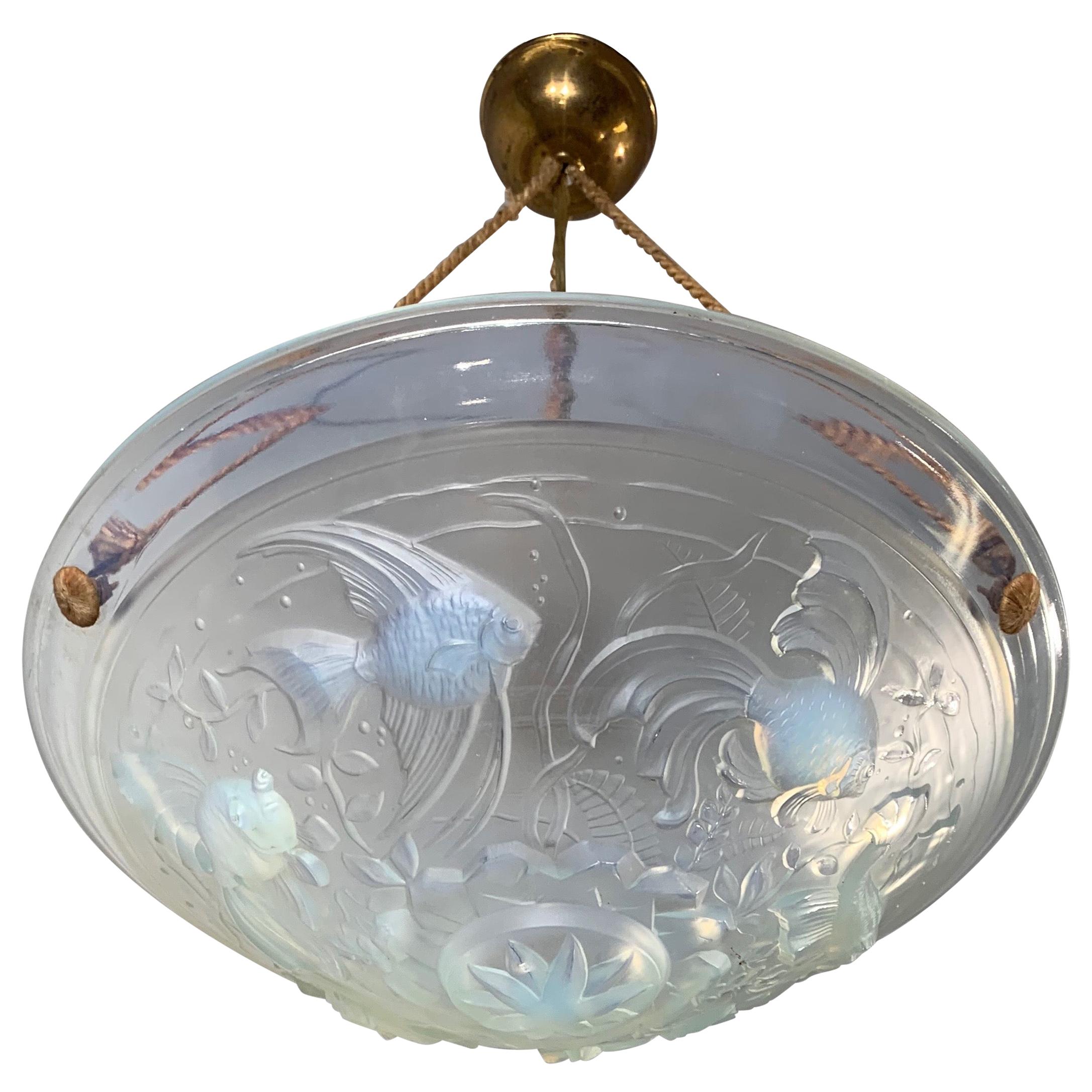 Delightful Art Deco Pendant Light with René Lalique Style Glass Fish Sculptures
