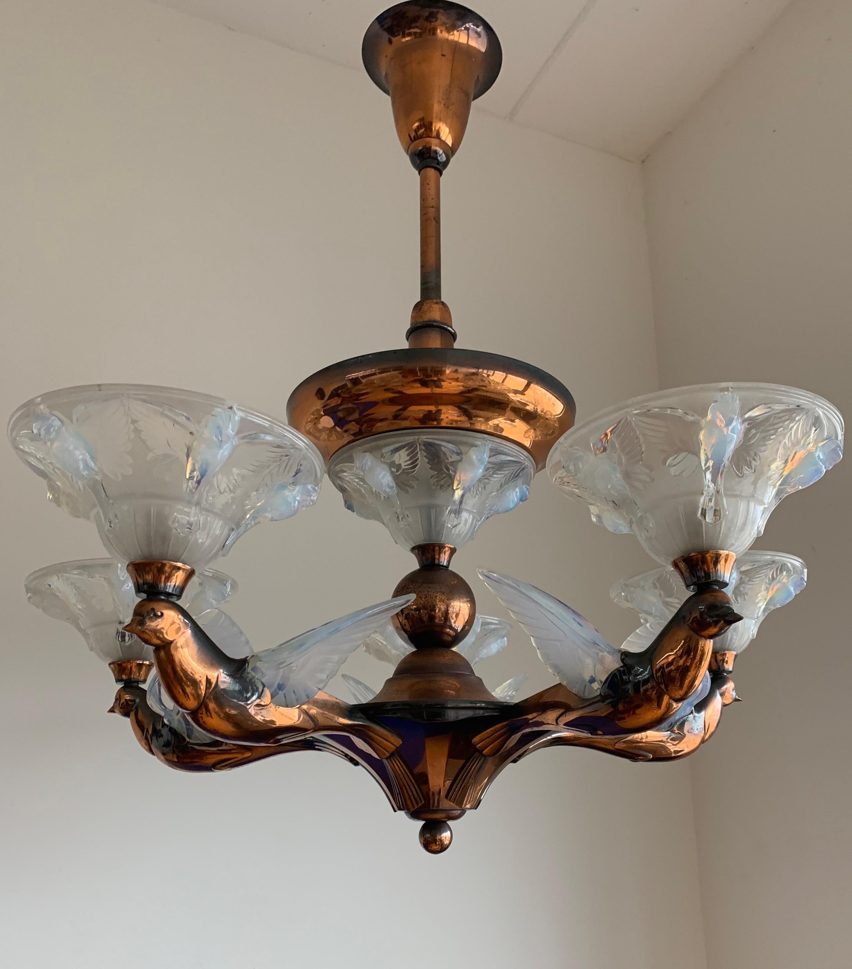 Meraviglioso lampadario Art Deco in bronzo con sculture di uccelli di René Lalique St. in vendita 5