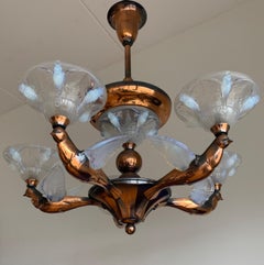 Marvelous Bronze Art Deco Chandelier with René Lalique St. Glass Bird Sculptures