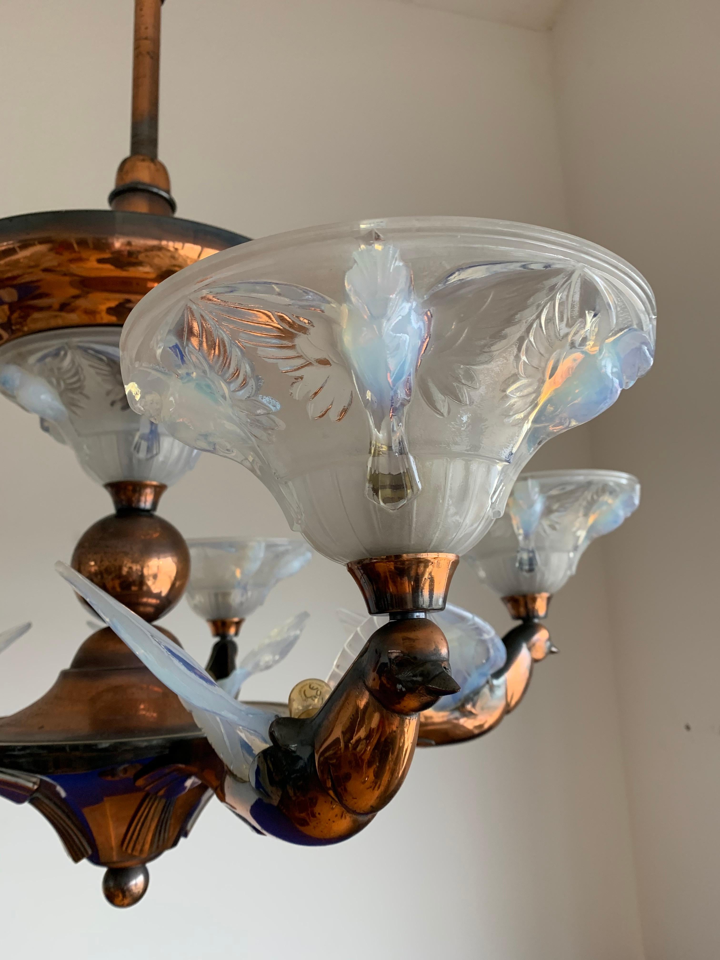 Marvelous Bronze Art Deco Chandelier with René Lalique St. Glass Bird Sculptures For Sale 3