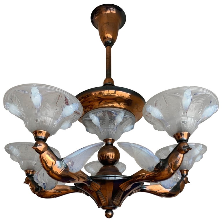 Marvelous Bronze Art Deco Chandelier with René Lalique St. Glass Bird
