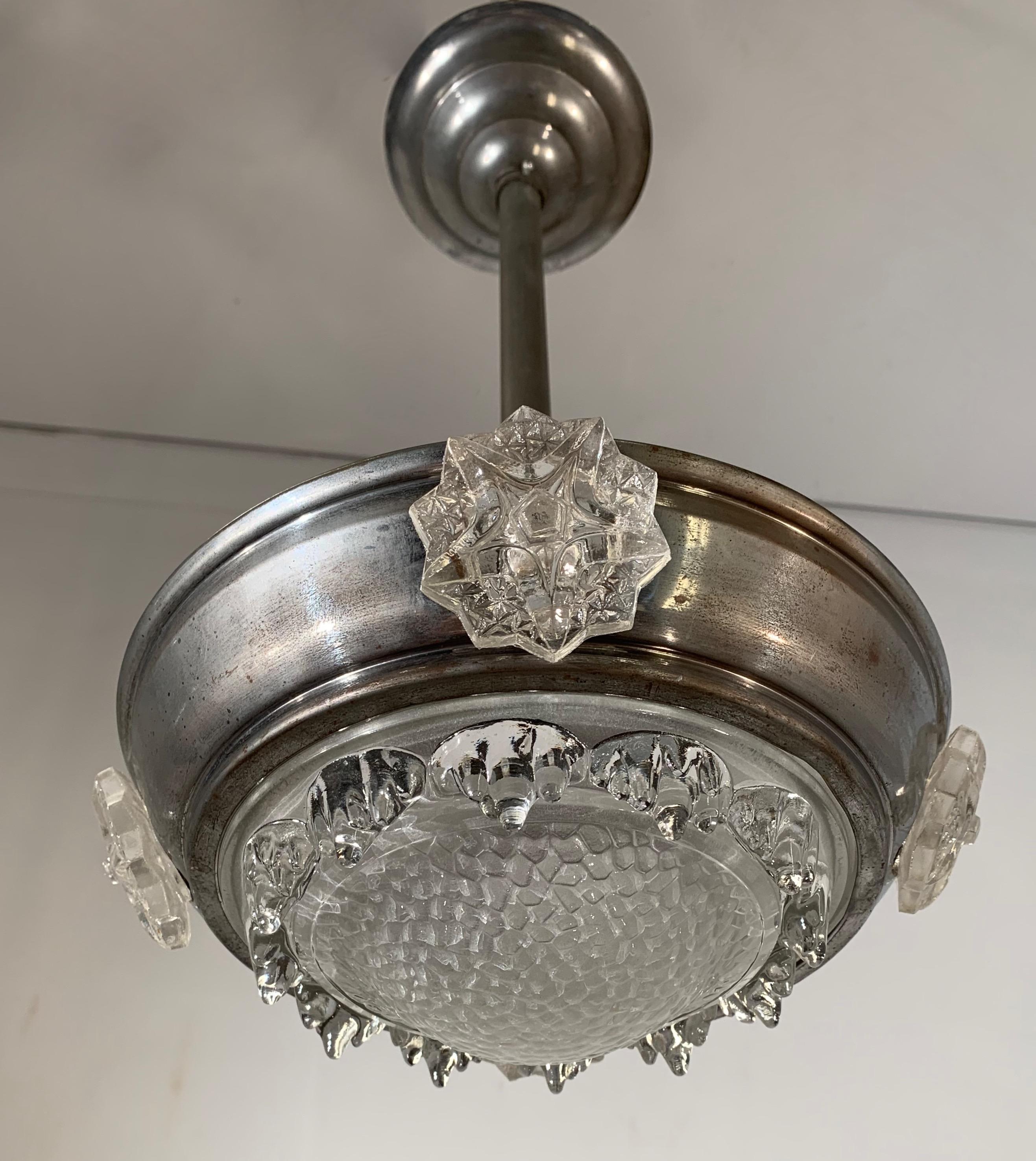 Very stylish and rare, 1920s Art Deco pendant, marked Ezan France.

If you are looking for a stylish and eye-catching pendant to grace your home or office then this 'icy Art Deco light' could be perfect, because the wonderful design and the