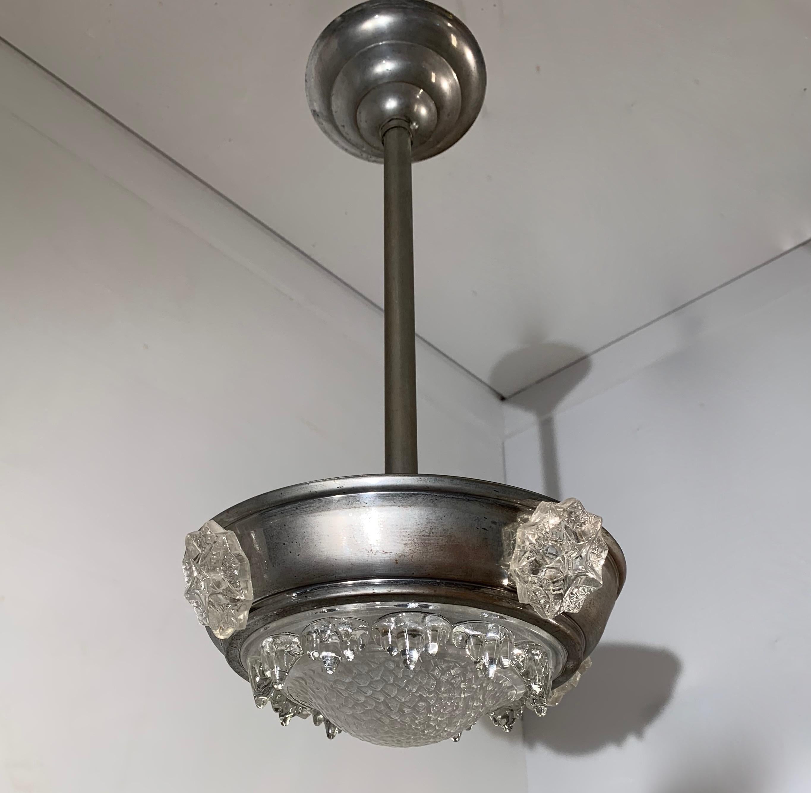 Delightful Art Deco Metal and Glass Pendant Light, Fixture by Ezan France In Good Condition For Sale In Lisse, NL