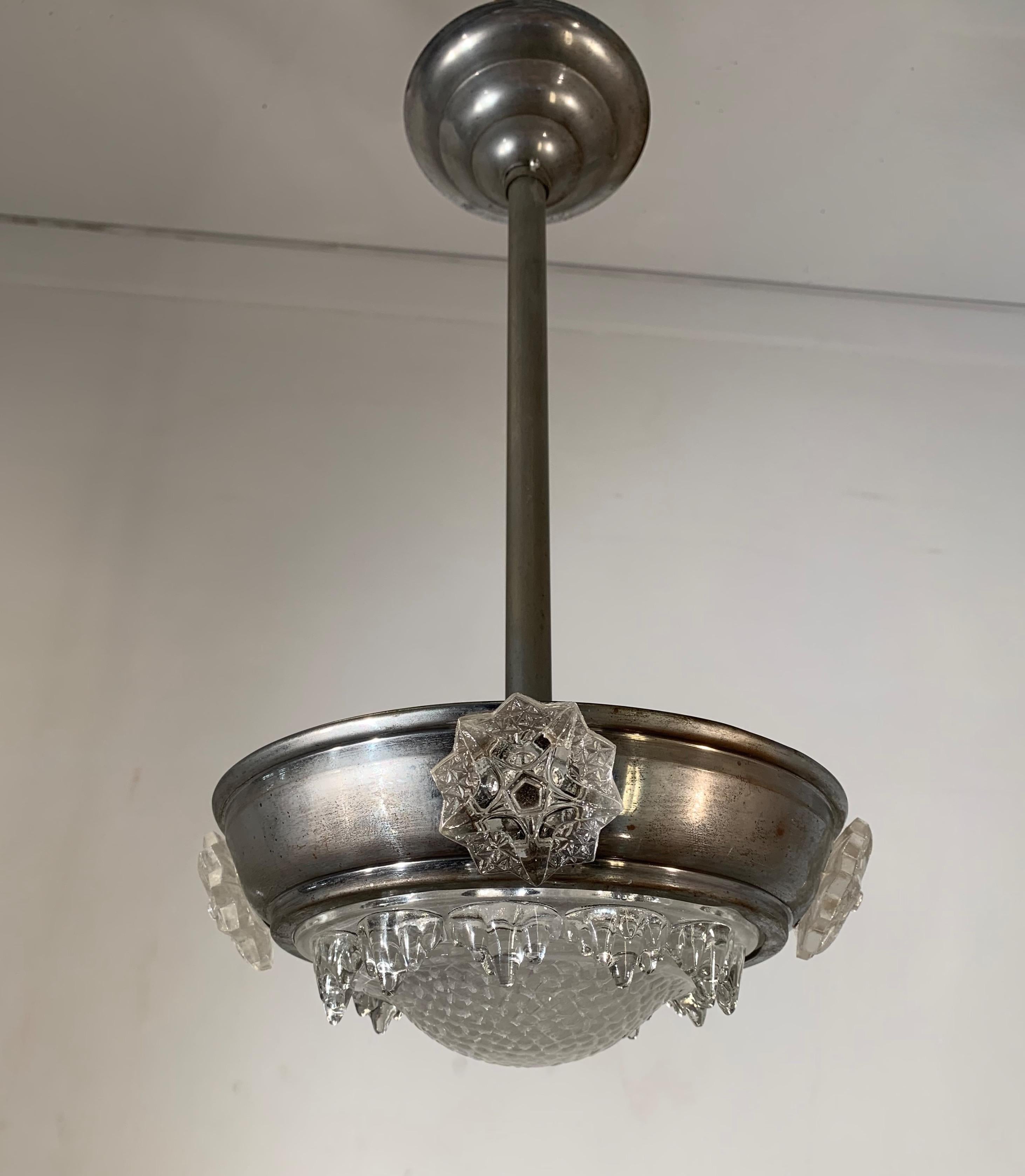 20th Century Delightful Art Deco Metal and Glass Pendant Light, Fixture by Ezan France For Sale